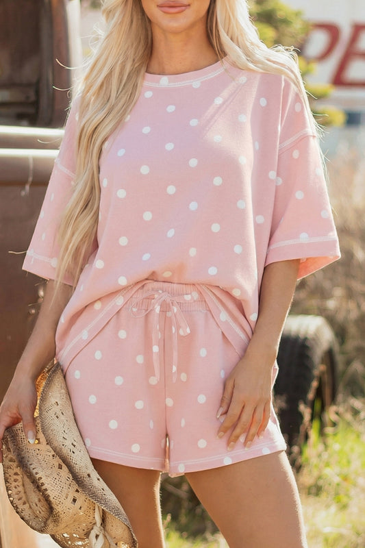 Pink Exposed Seam Detail Polka Dot Loose Tee Drawstring Shorts Set