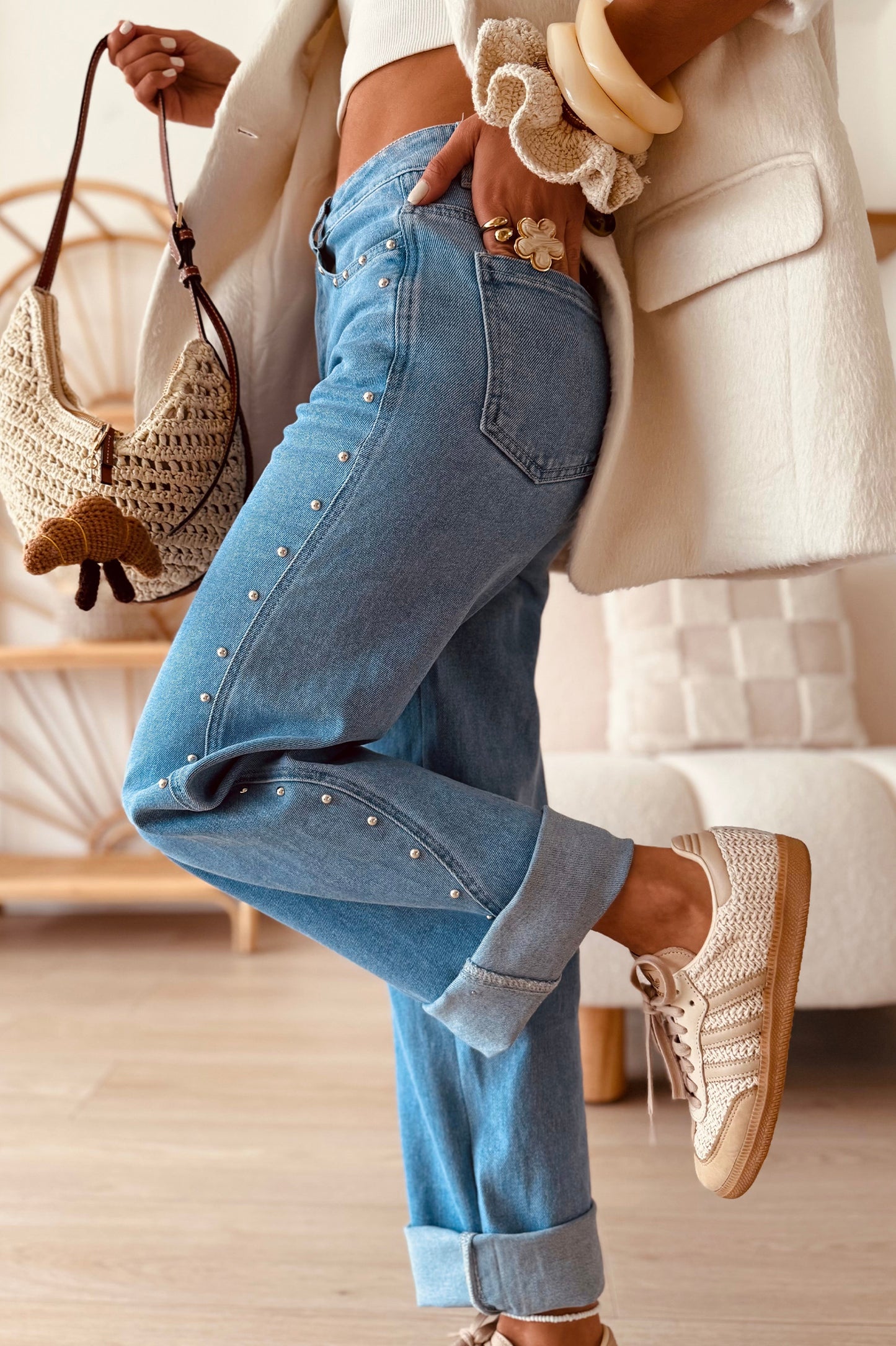 Dusk Blue Side Seam Rivet Detail Regular Fit Ankle Length Casual Jeans