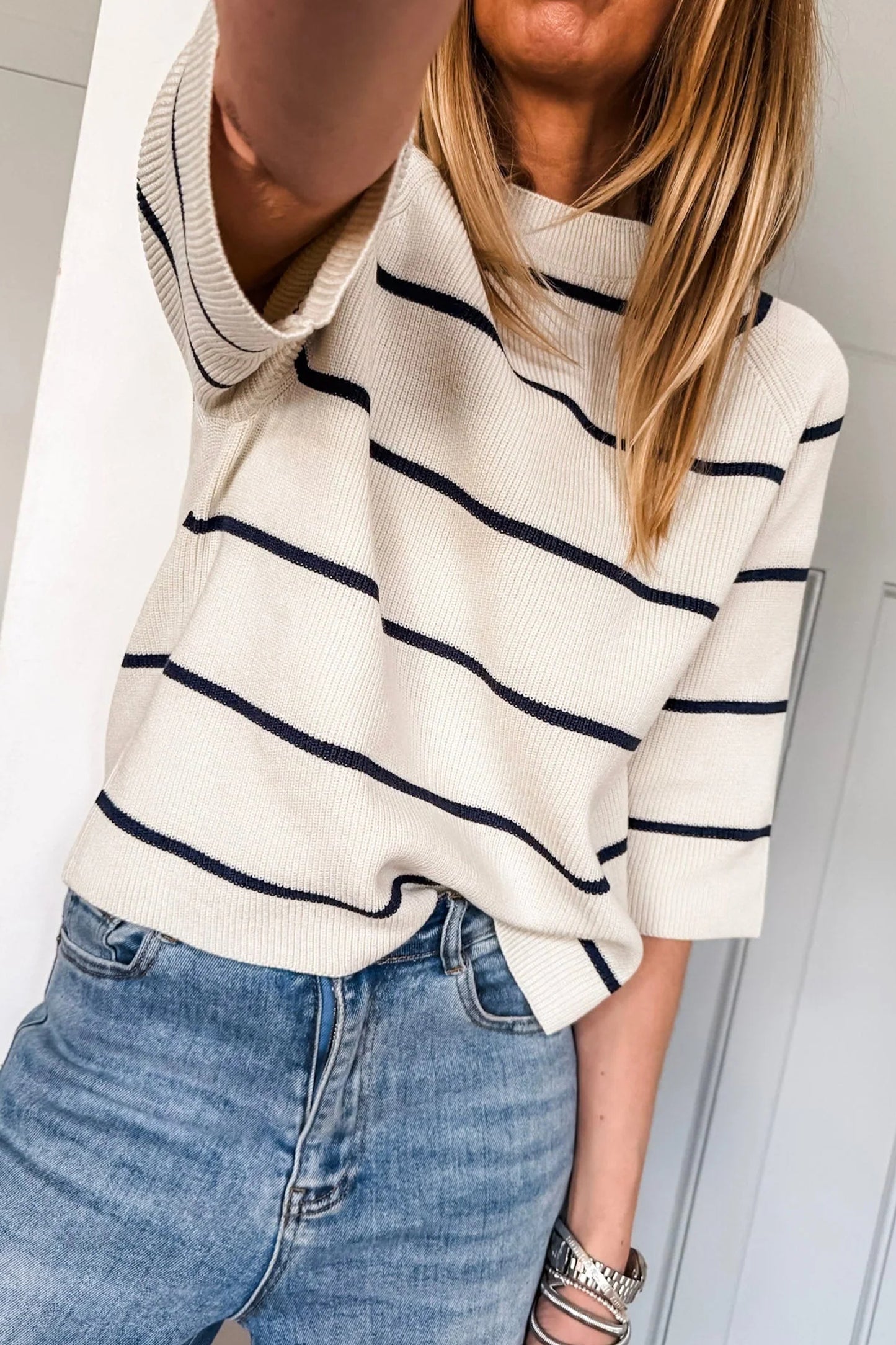 White Stripe Ribbed Knit Half Sleeve Loose Sweater Tee