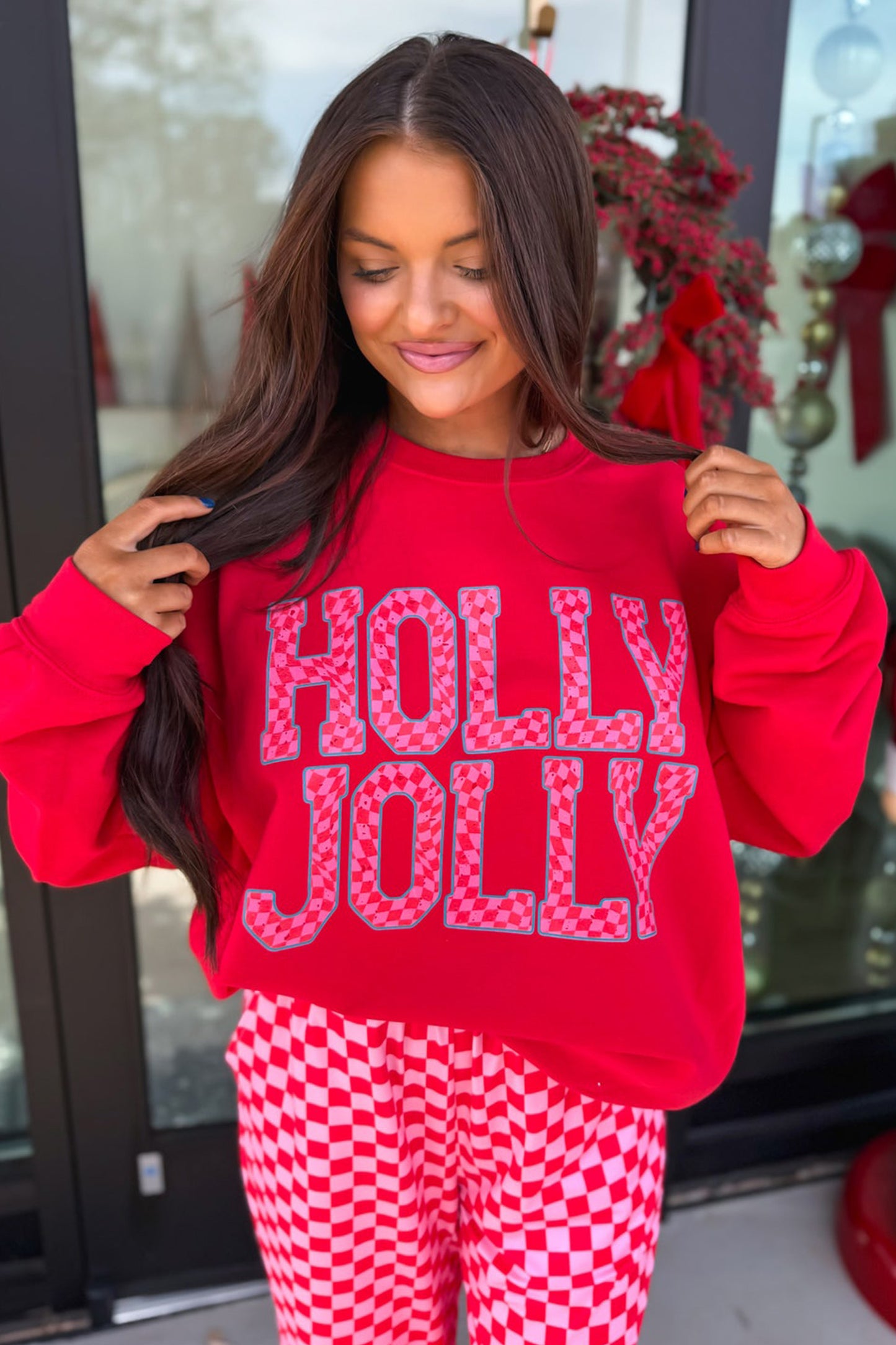 Red Merry Graphic Plaid Christmas Lounge Pant Set