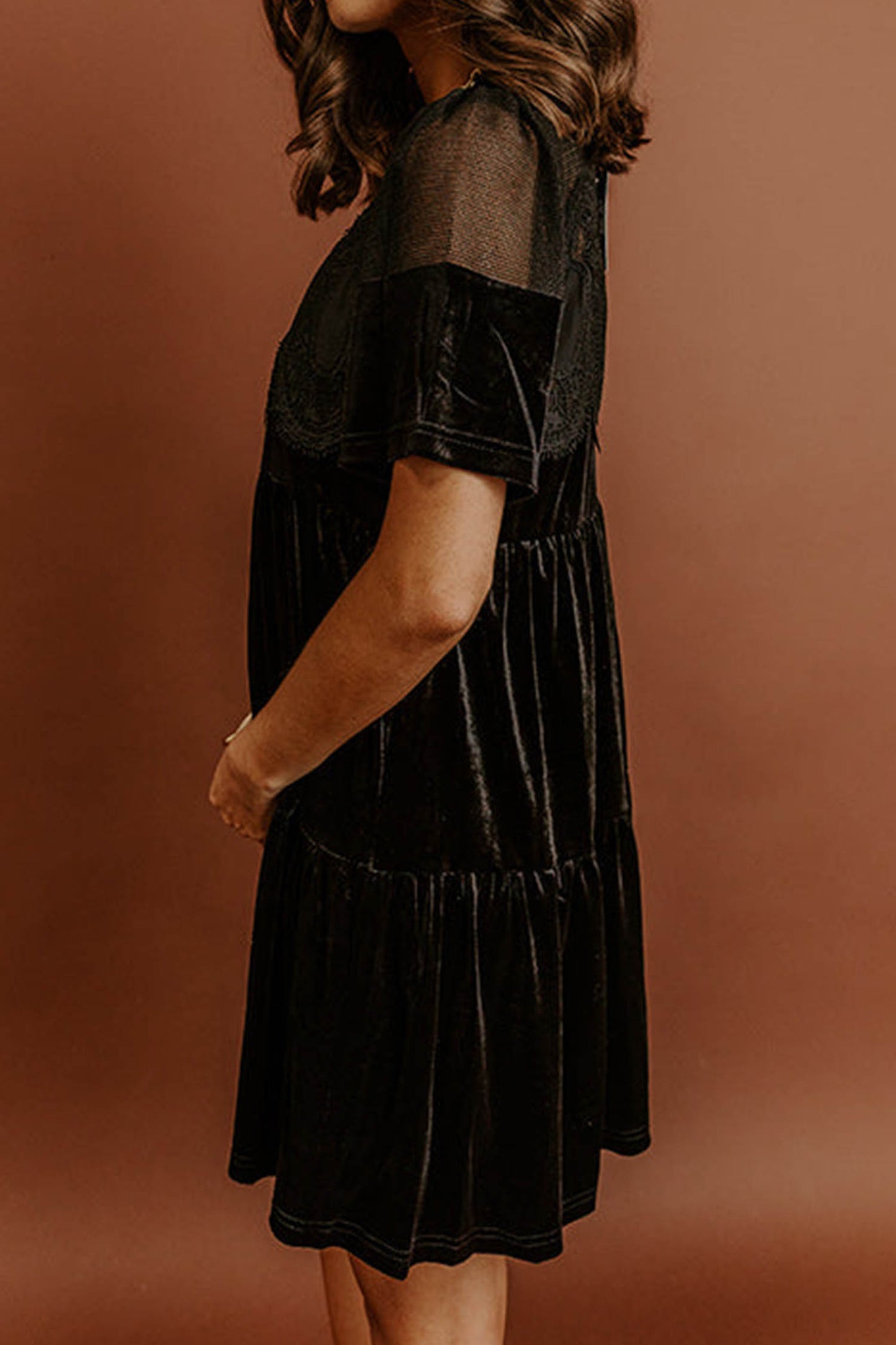 Black Embroidered Velvet Short Sleeve Mini Shift Dress