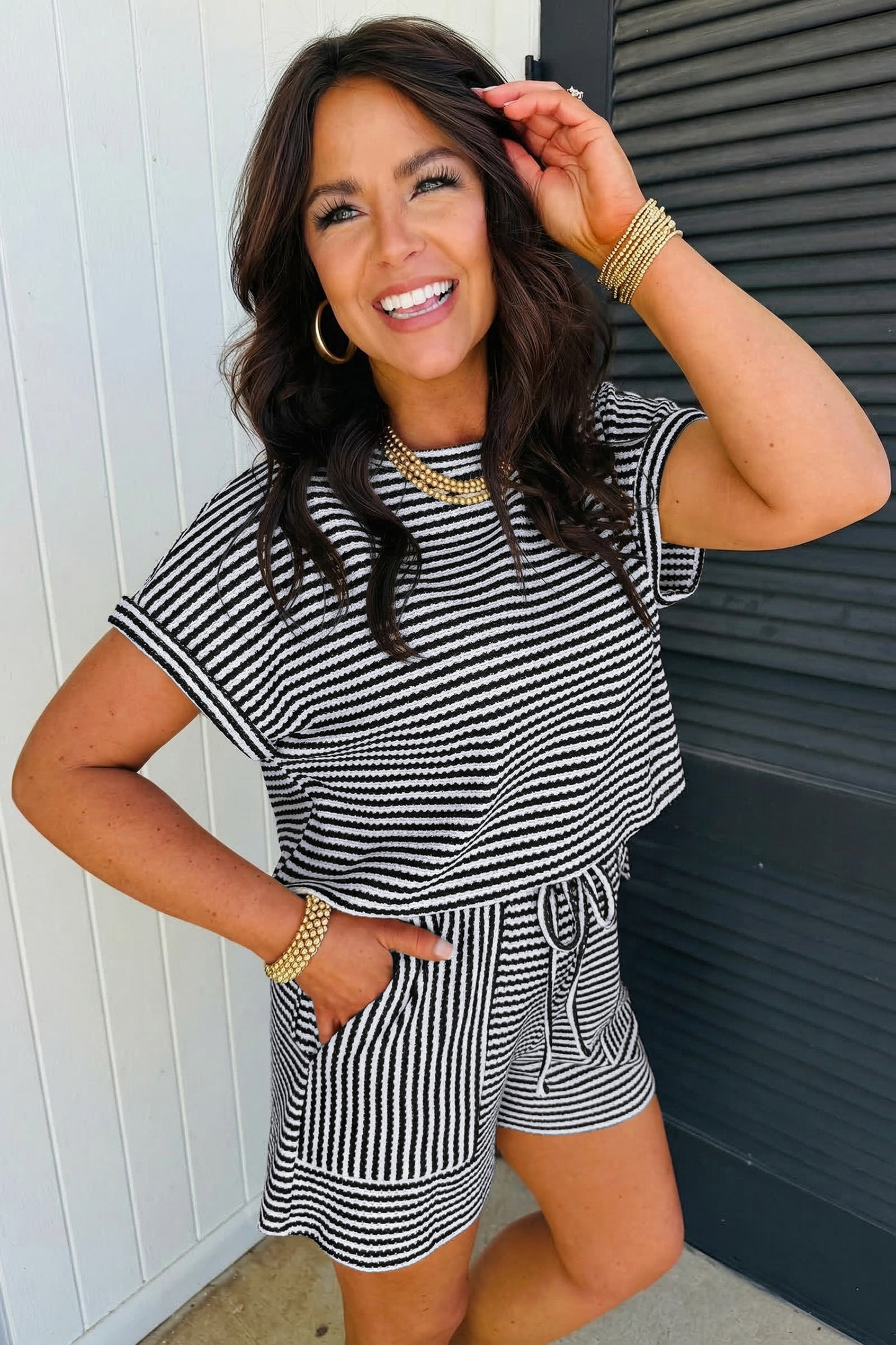 Purple Stripe Breathable Textured Knit Short 2pcs Set