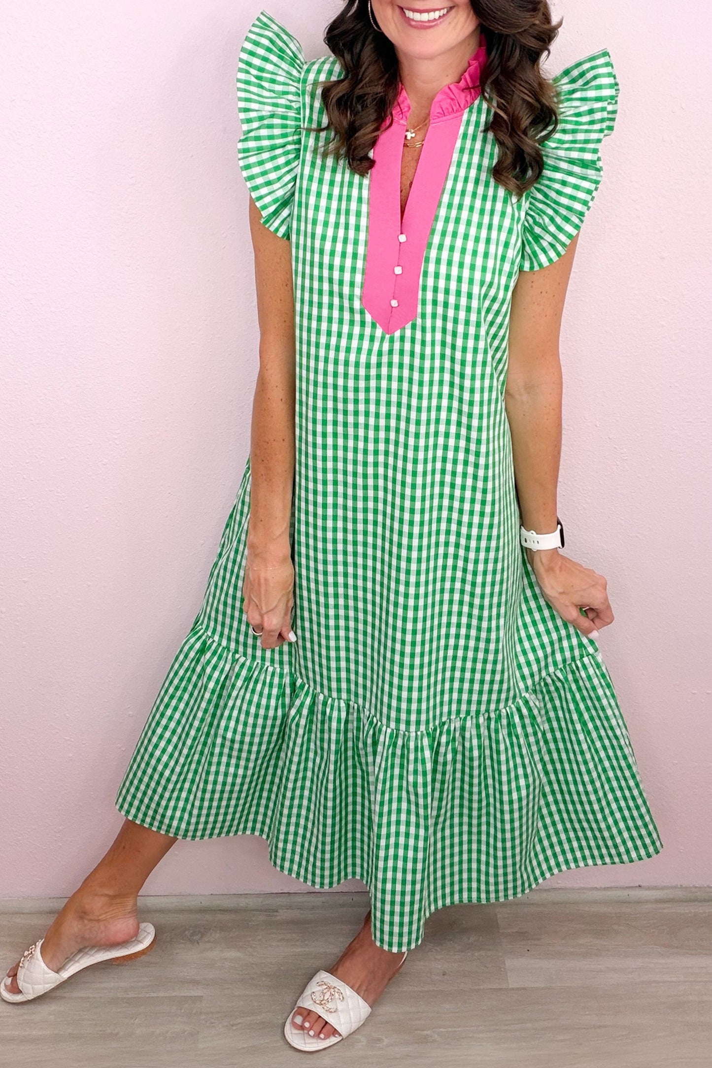 Bright Green Summer Color-Blocked Plaid Pattern Midi Dress