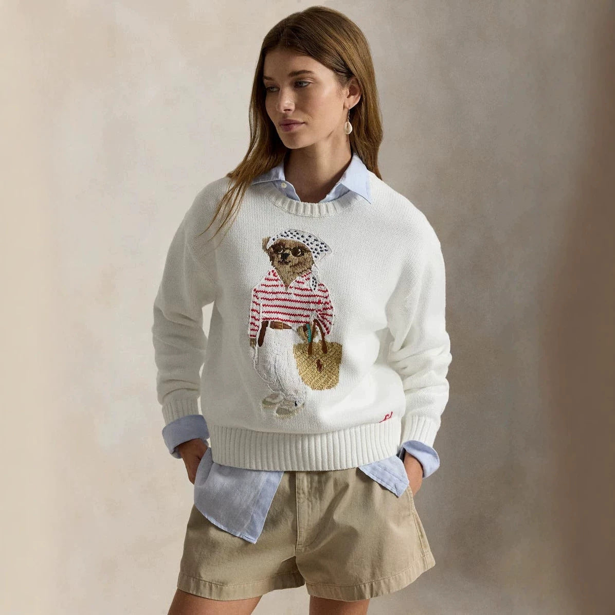loose white, crew-neck americana sweater