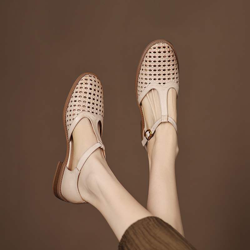 woven hollowed-out leather thick-heeled women's shoes