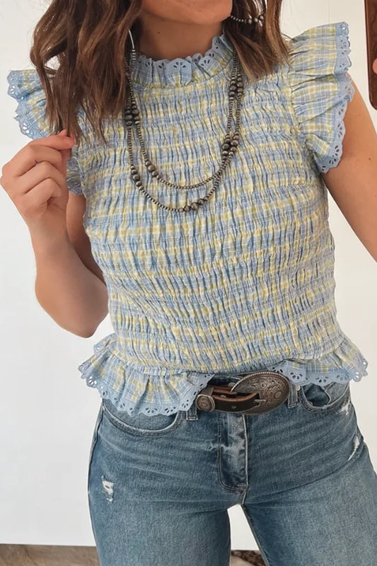 Multicolour Gingham Smoked Lace Trim Tank Top