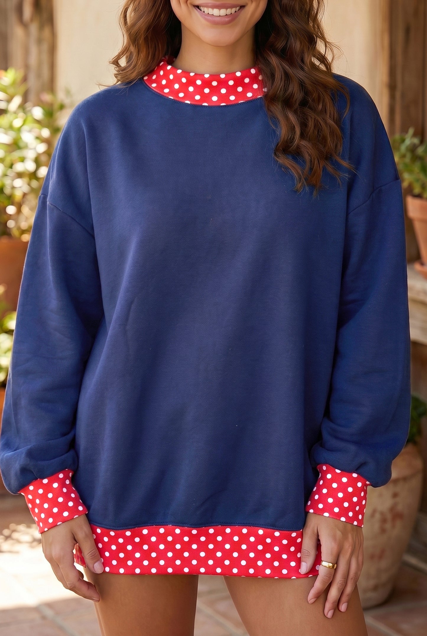 Racing Red Colorblock Polka Dot Contrast Trim Oversized Sweatshirt