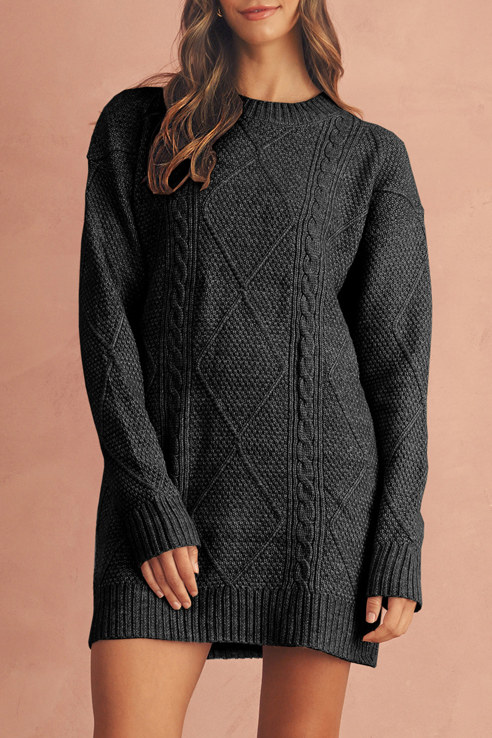 Burgundy Cable Knit Drop Shoulder Loose Fit Sweater Dress