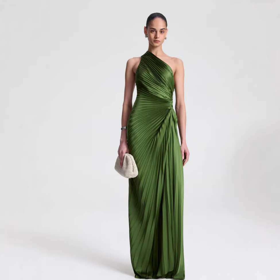 ruched one shoulder dress with pleated detail