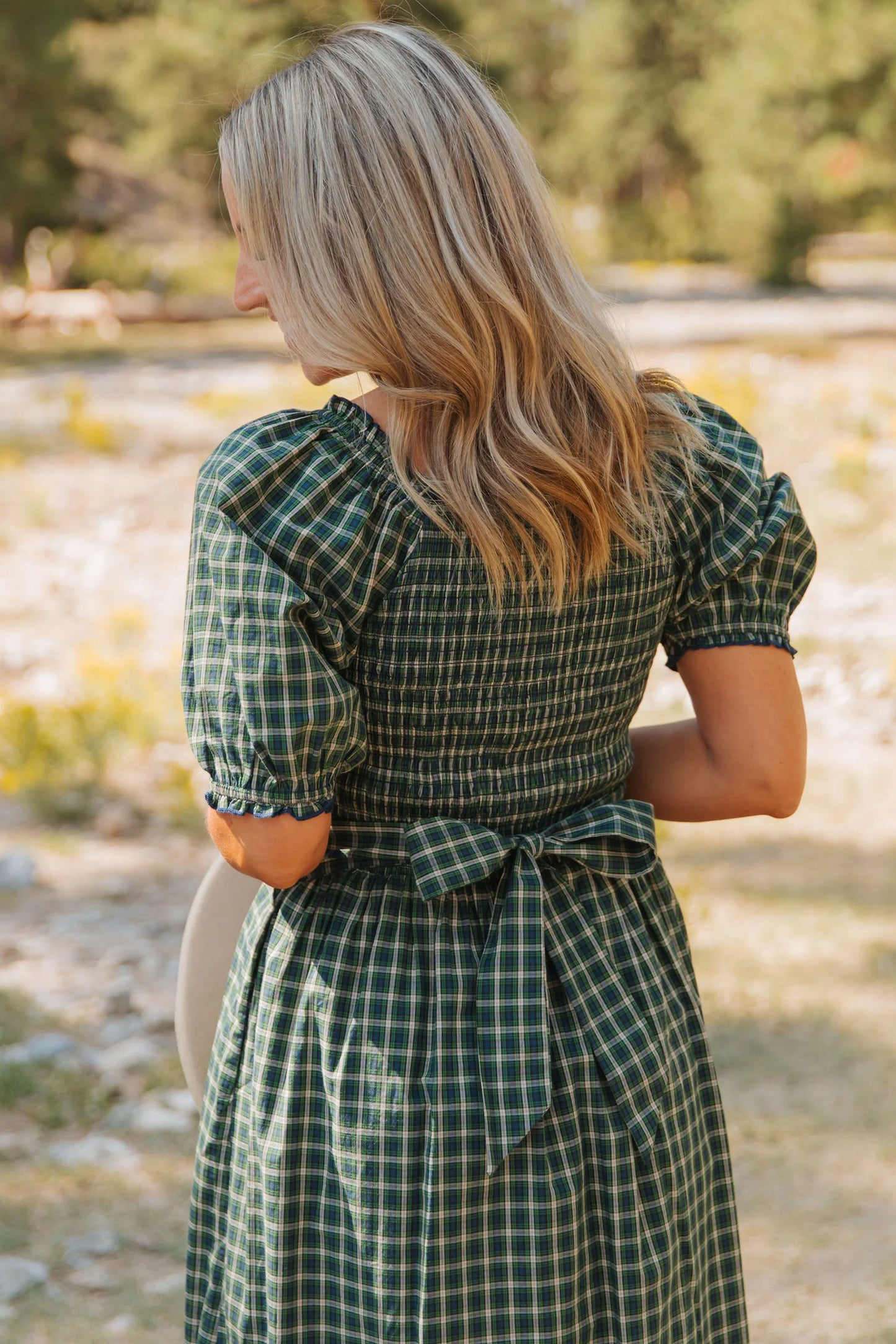 Green Square Collar Short Sleeve Plaid Dress Fit Flare Silhouette Long Daily Casual One Piece