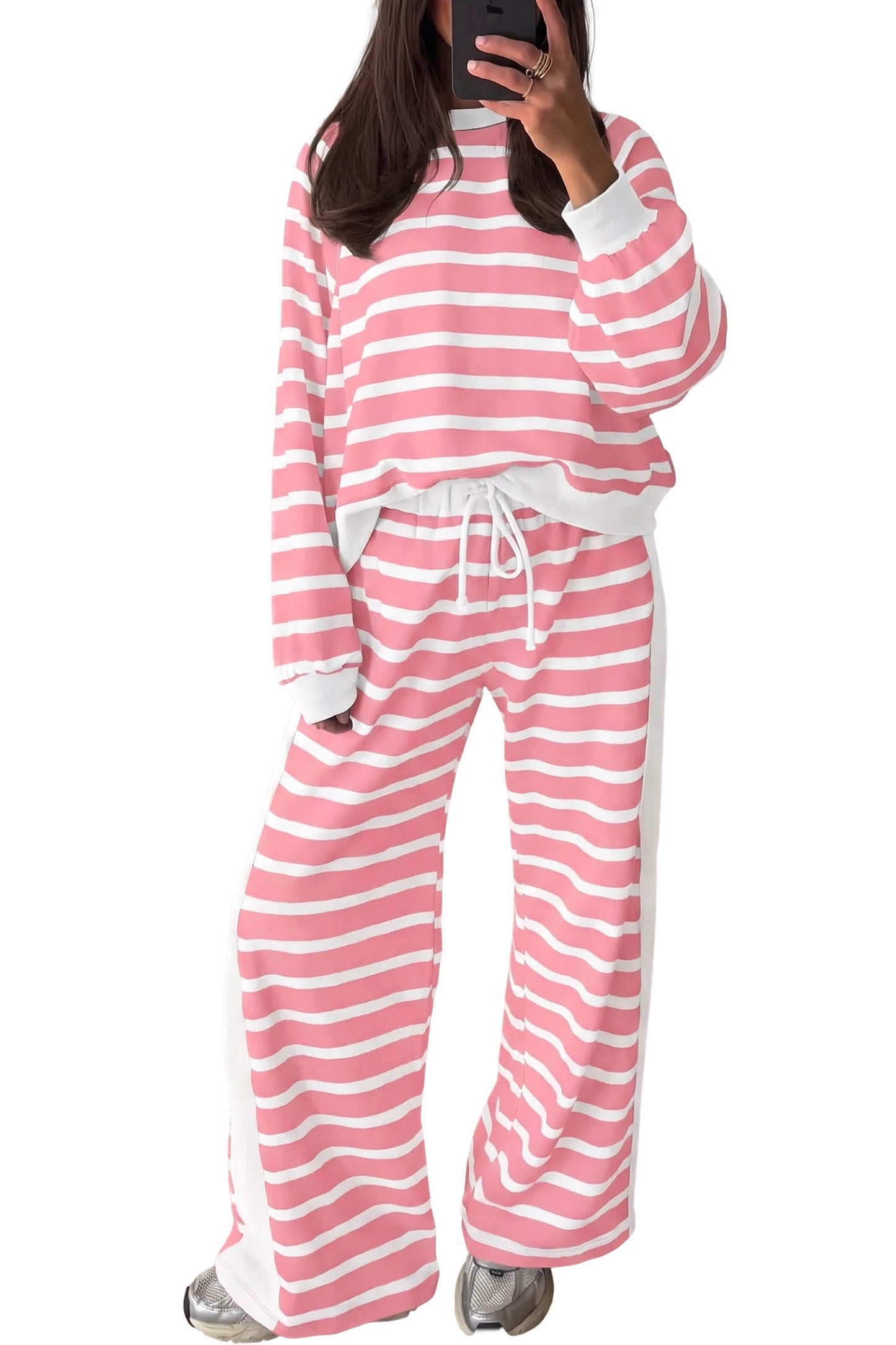 Khaki Stripe Relaxed Long Sleeve Top Color Block Detail Drawstring Pant Set