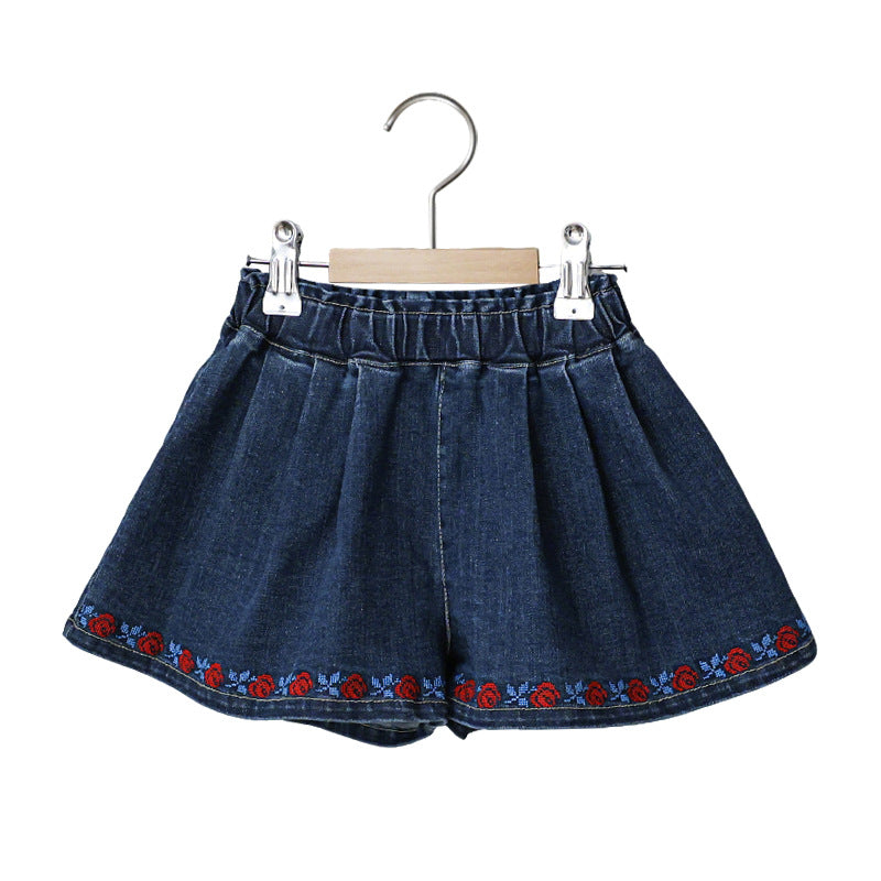 Strawberry Children's Embroidered flower Loose wide-leg Denim shorts