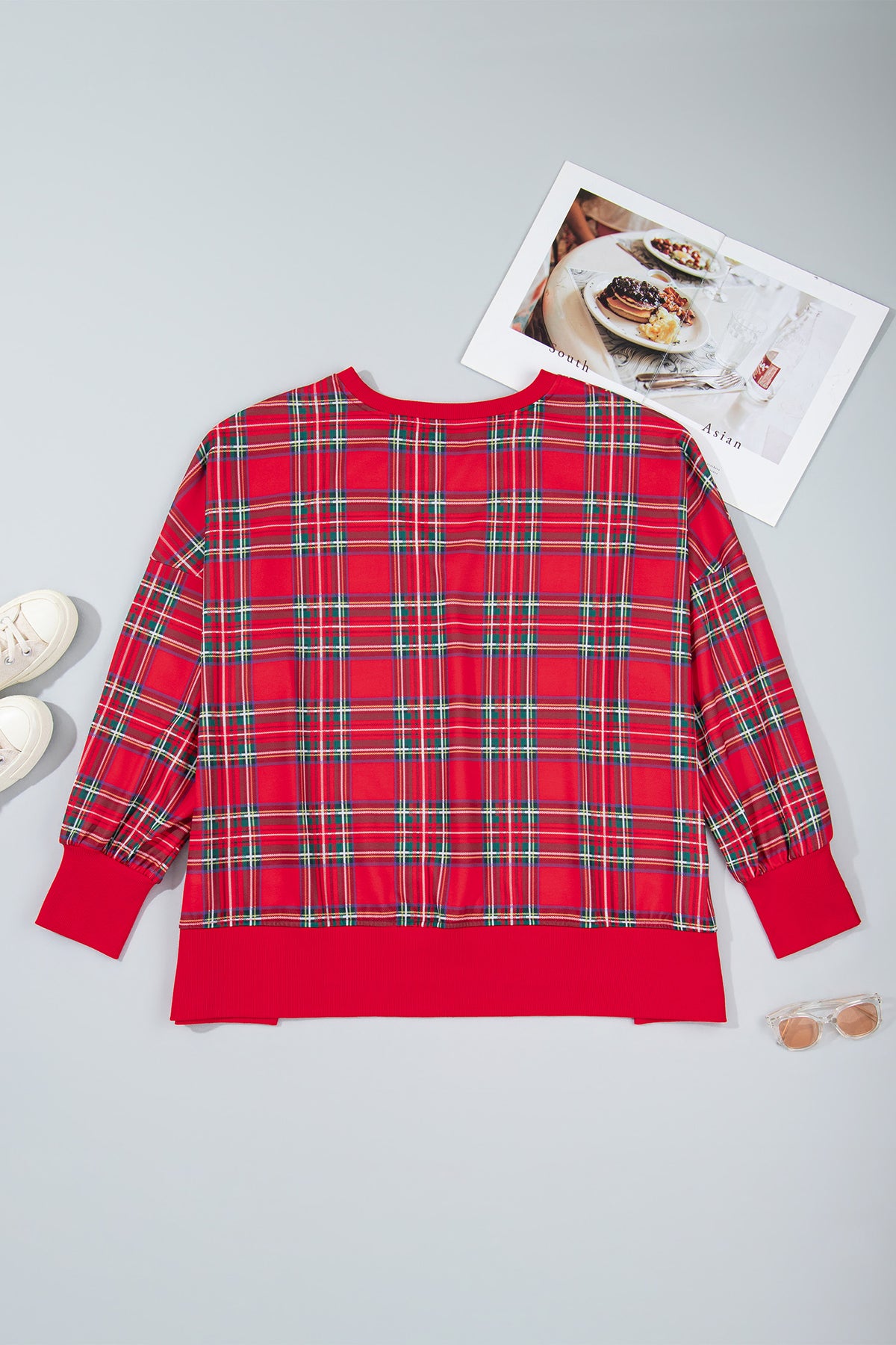 Red Plus Size Festive Plaid Long Sleeve Split Tunic Sweatshirt