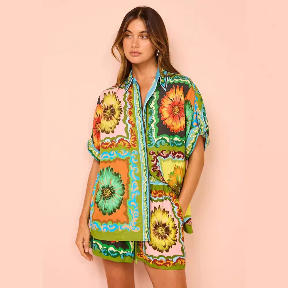 Sunflower Print Elastic Waist Shorts Set