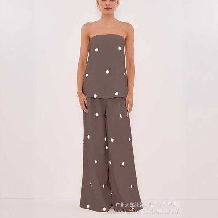 Women's style casual polka dot strapless tank top + high-waisted wide-leg pants