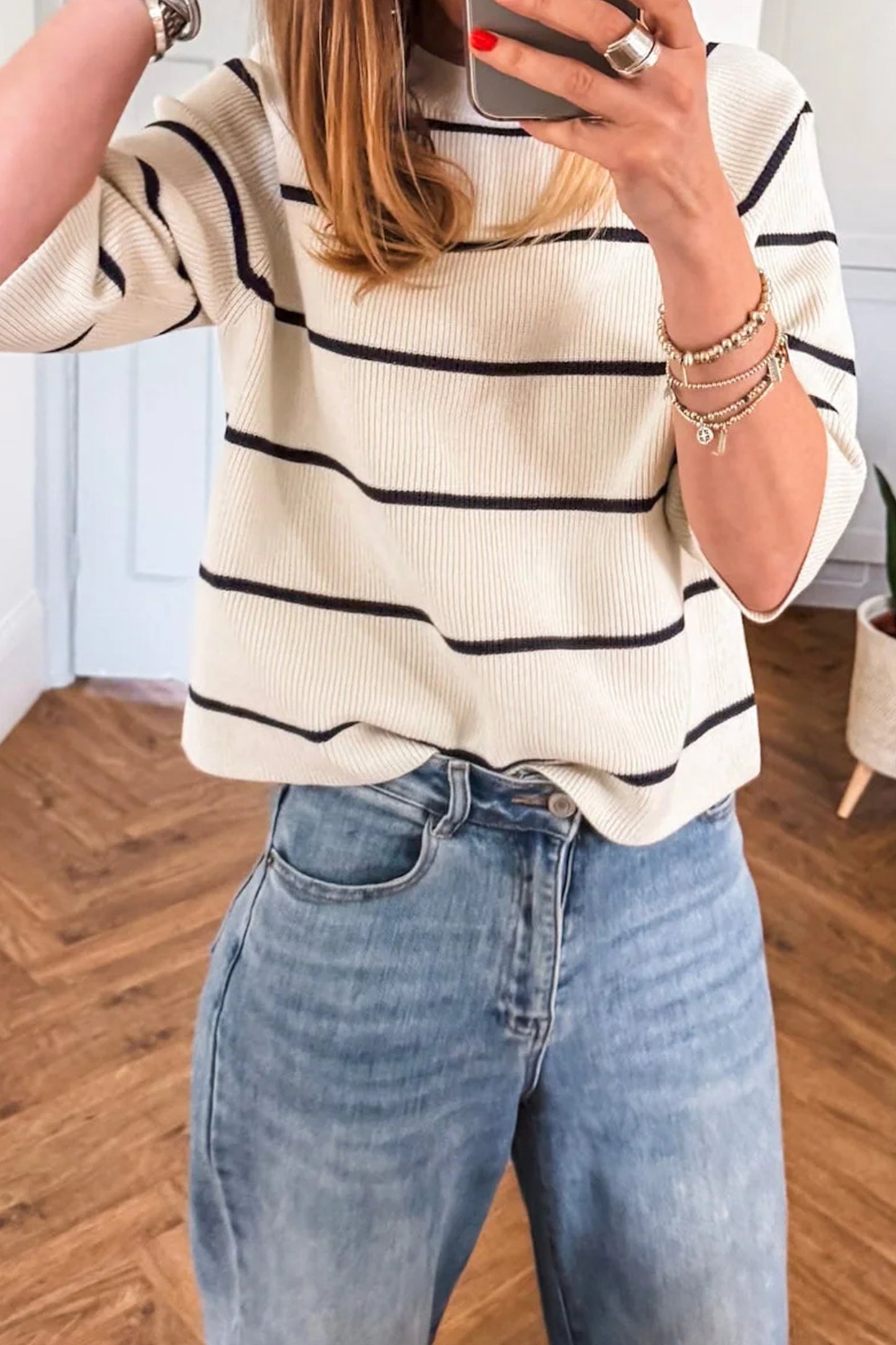 White Stripe Ribbed Knit Half Sleeve Loose Sweater Tee