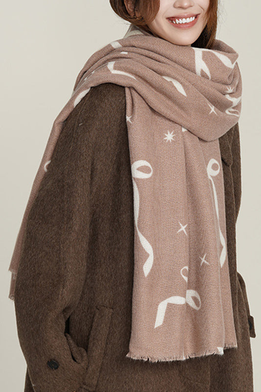 Parchment Bow Star Print Raw Edge Lightweight Scarf