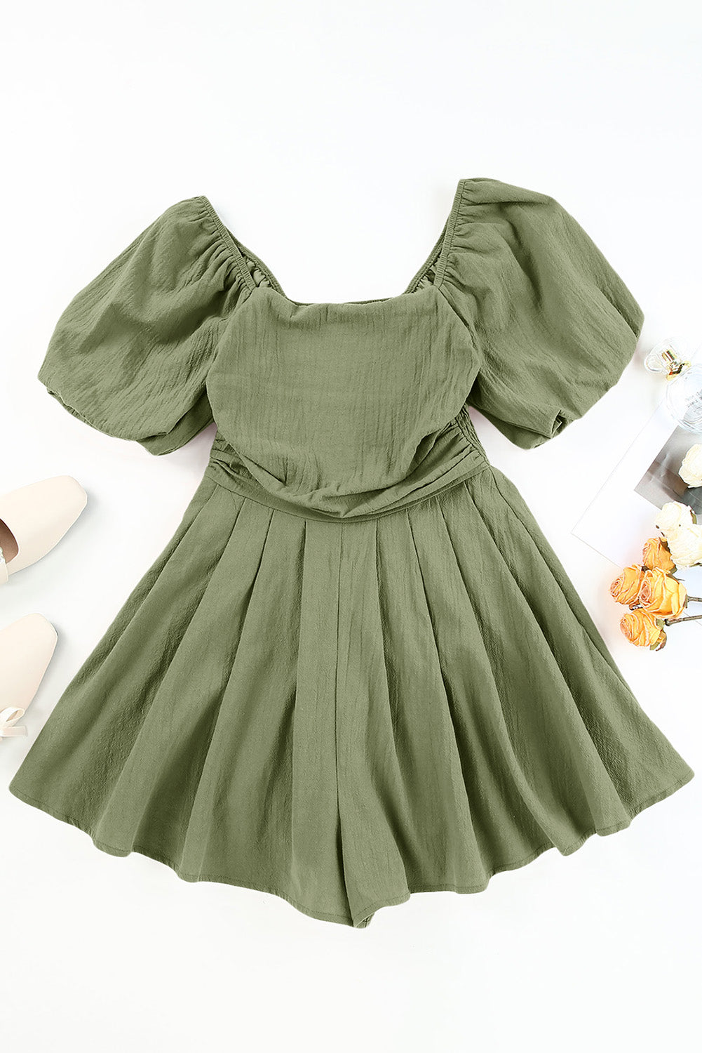 Jungle Green Square Neck Ruched Puff Sleeve Romper
