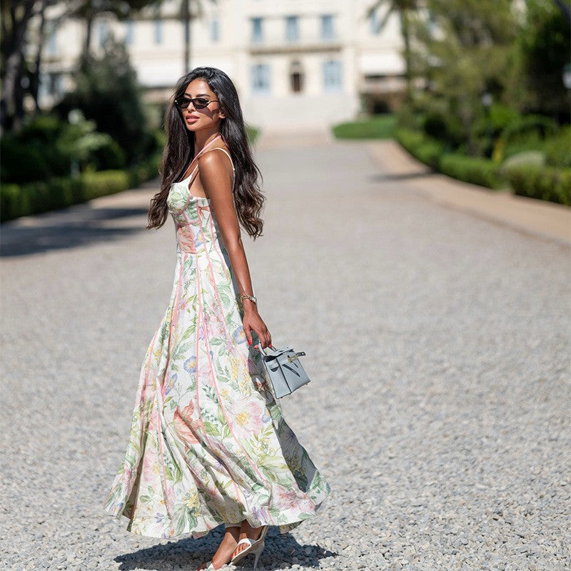flower print long swing dress with seaming detail