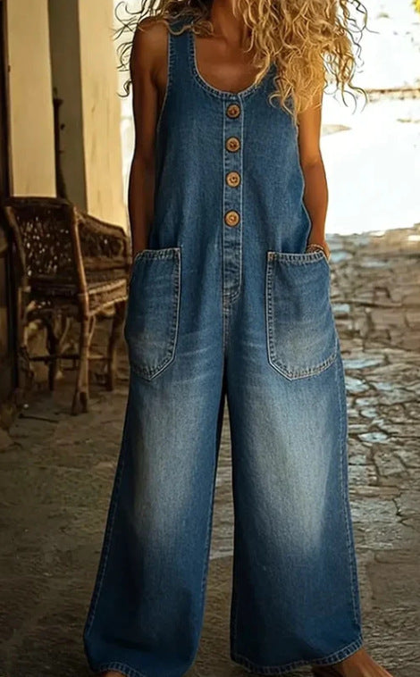wide-leg denim jumpsuit