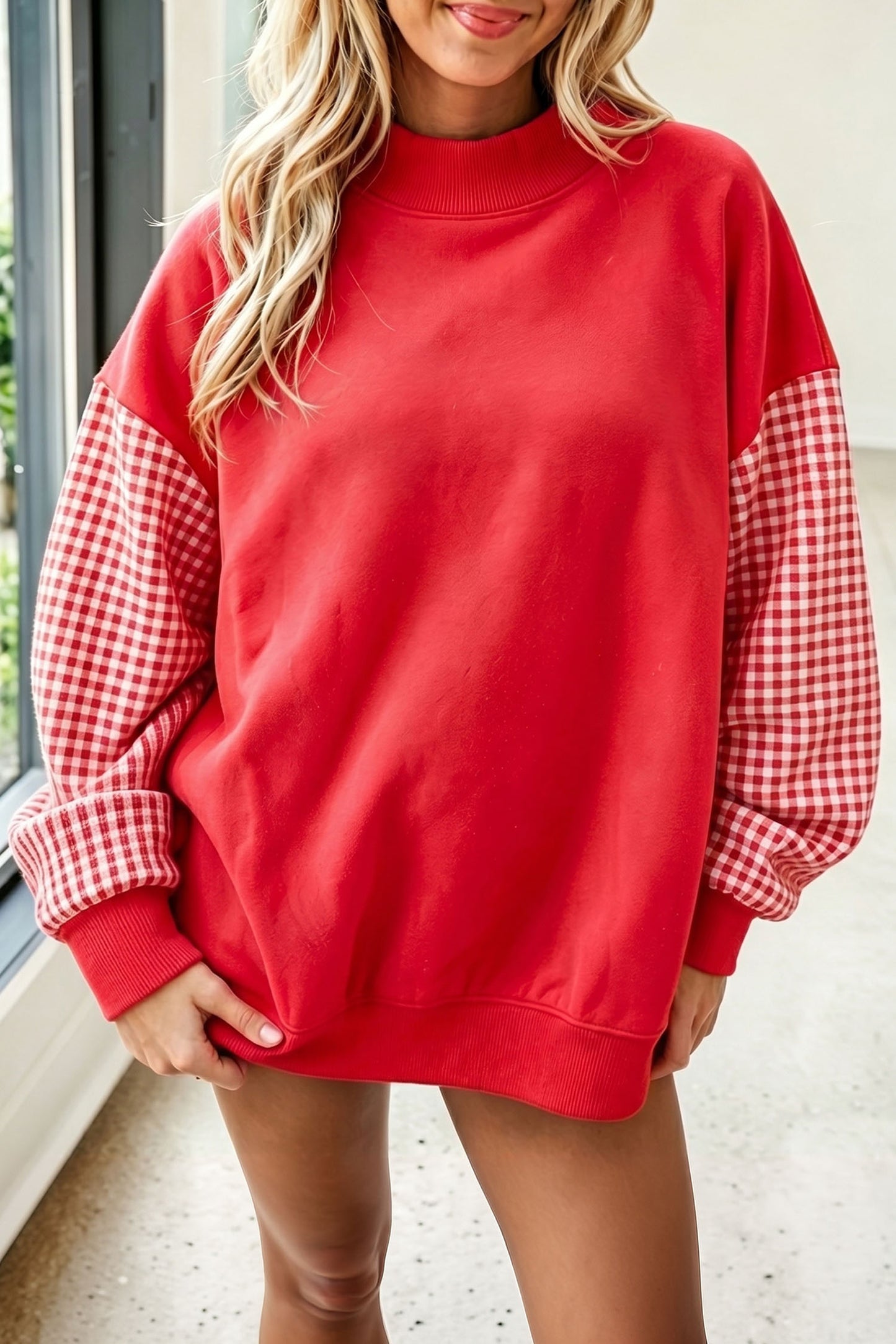 Russet Orange Plaid Sleeve Colorblock Loose Tunic Sweatshirt