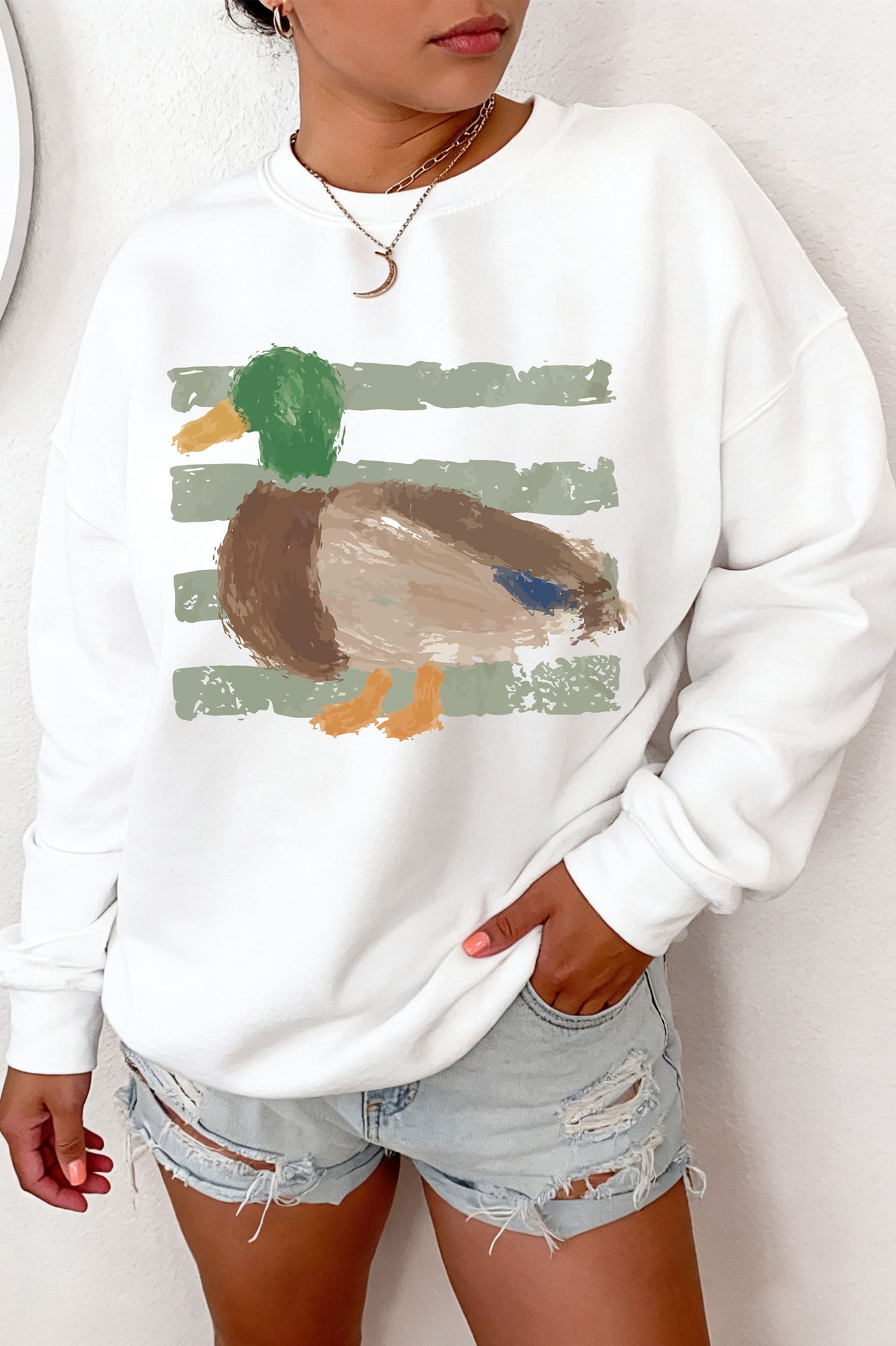 White Western Duck Graphic Casual Pullover Sweatshirt