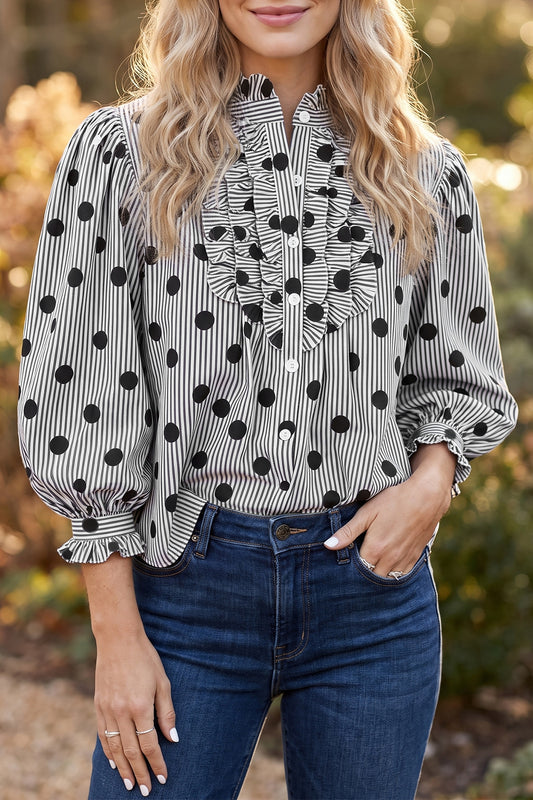 Black white Polka Dot Striped Print Ruffle Stand Neck 3/4 Sleeve Shift Shirt