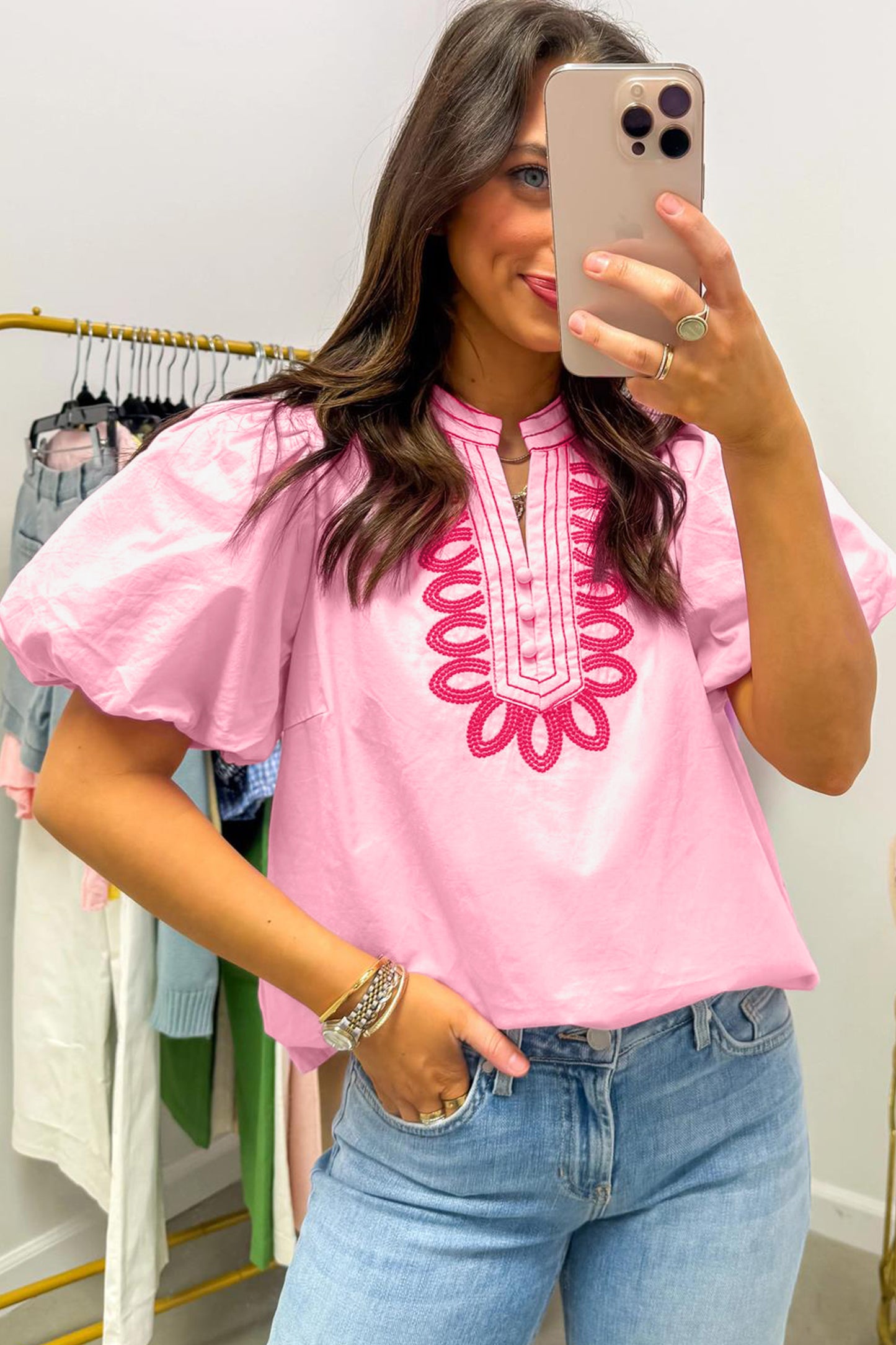 Pink Embroidered Puff Sleeve Top