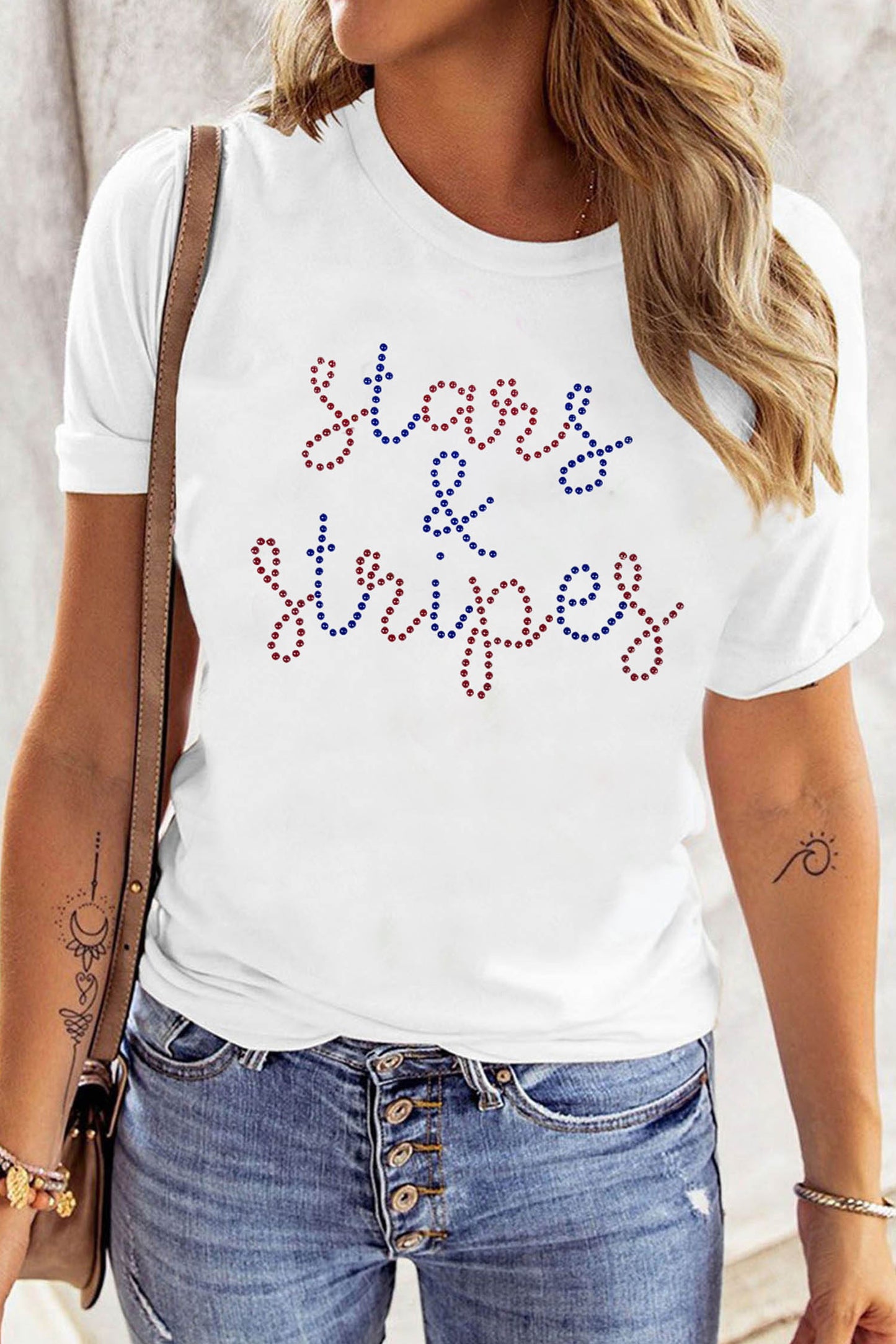 White Rhinestone Stars & Stripes Patriotic Slogan T Shirt