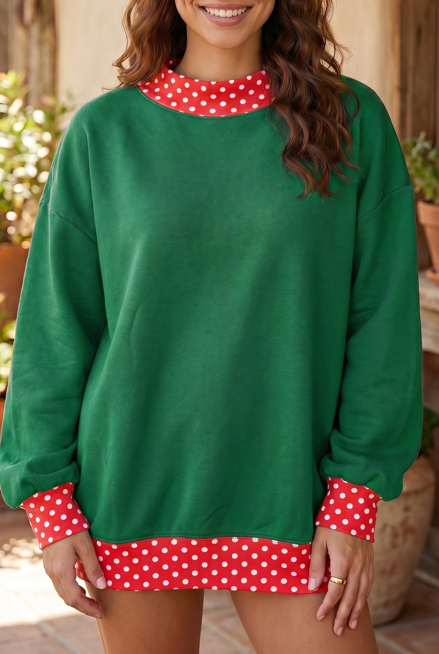 Racing Red Colorblock Polka Dot Contrast Trim Oversized Sweatshirt