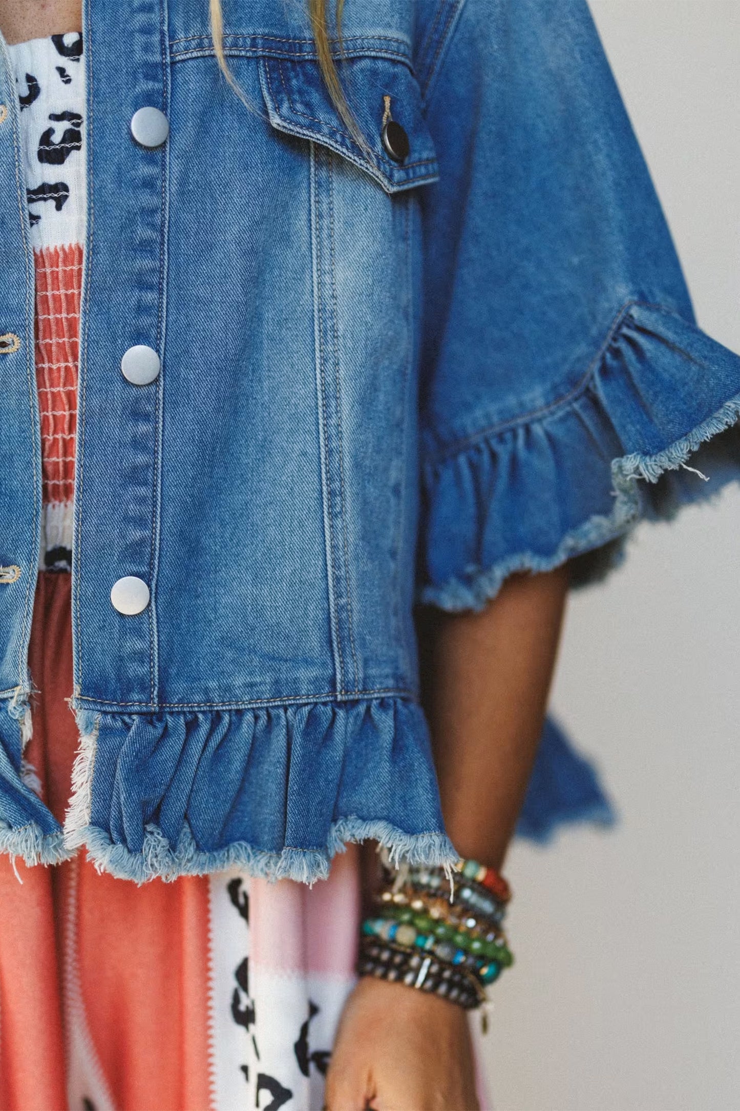 Blue Ruffle Hem Denim Jacket Half Sleeve Western Style