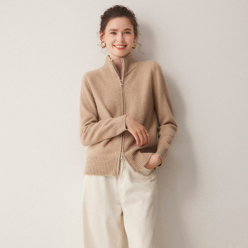 100% cashmere women's high-neck zipper knitted cardigan