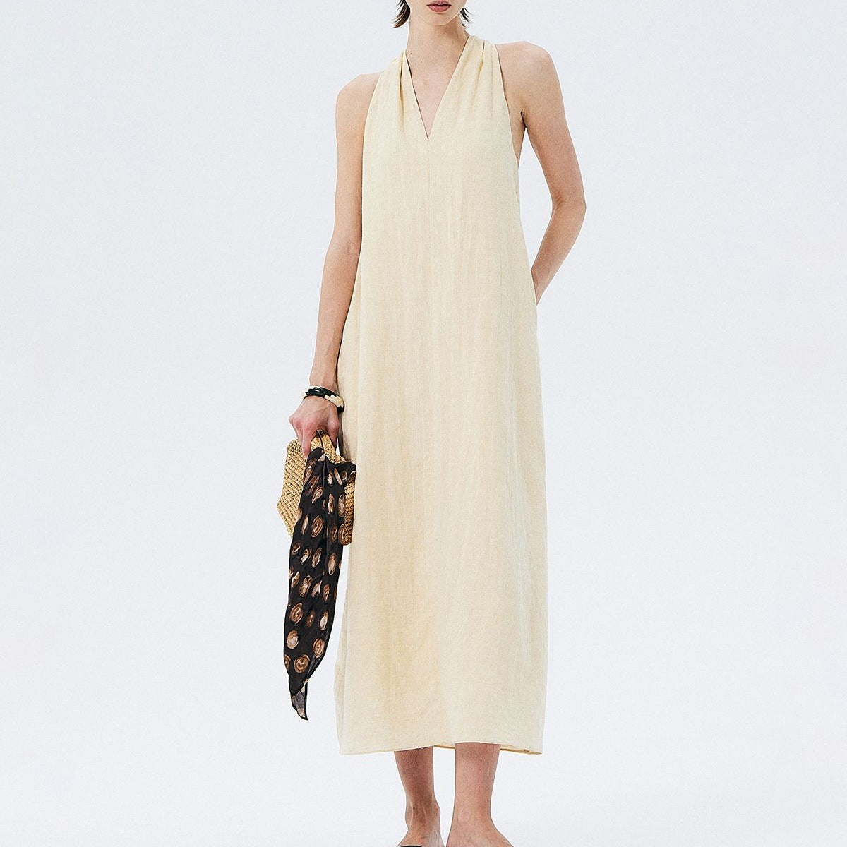 halter dress, mid-length V-neck dress