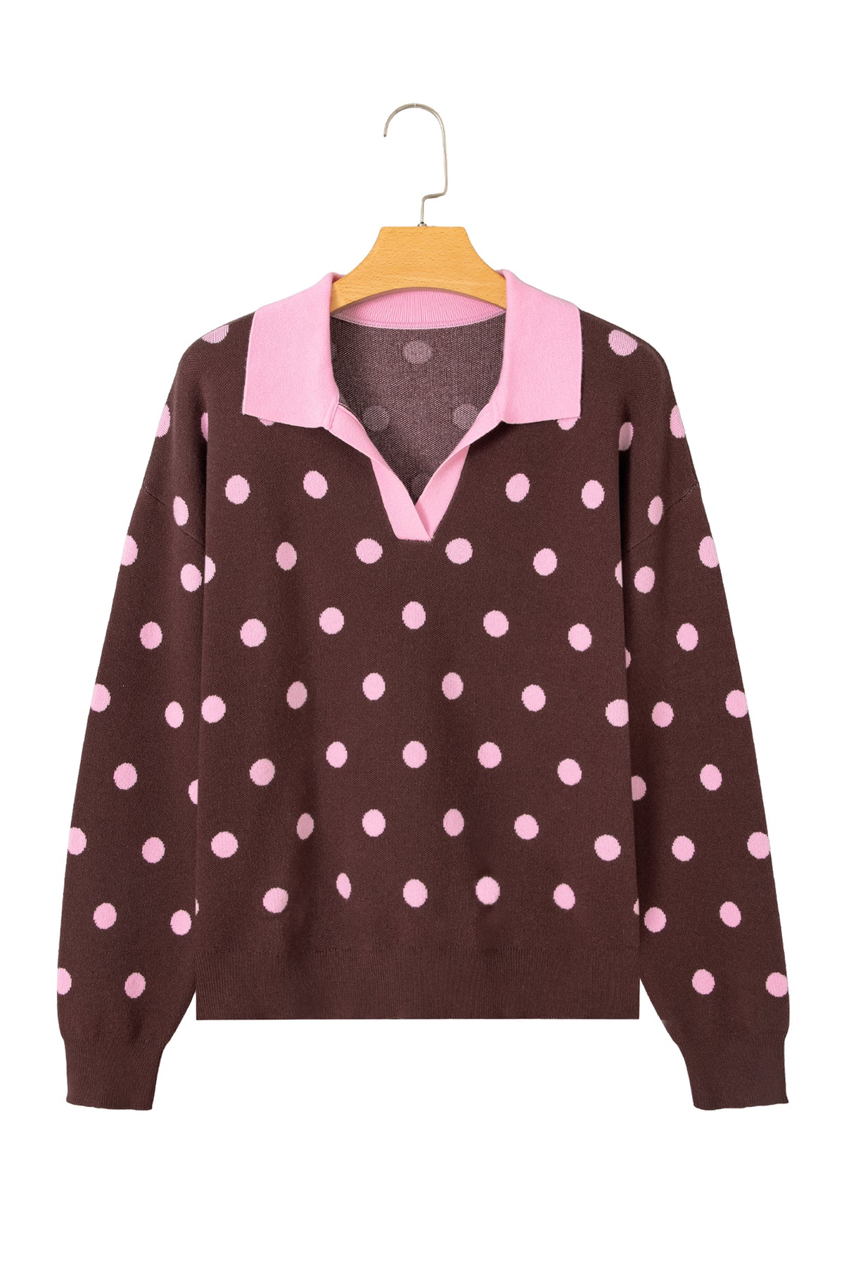 Pink Polka Dot Pattern Color Block Collared Loose Pullover Sweater