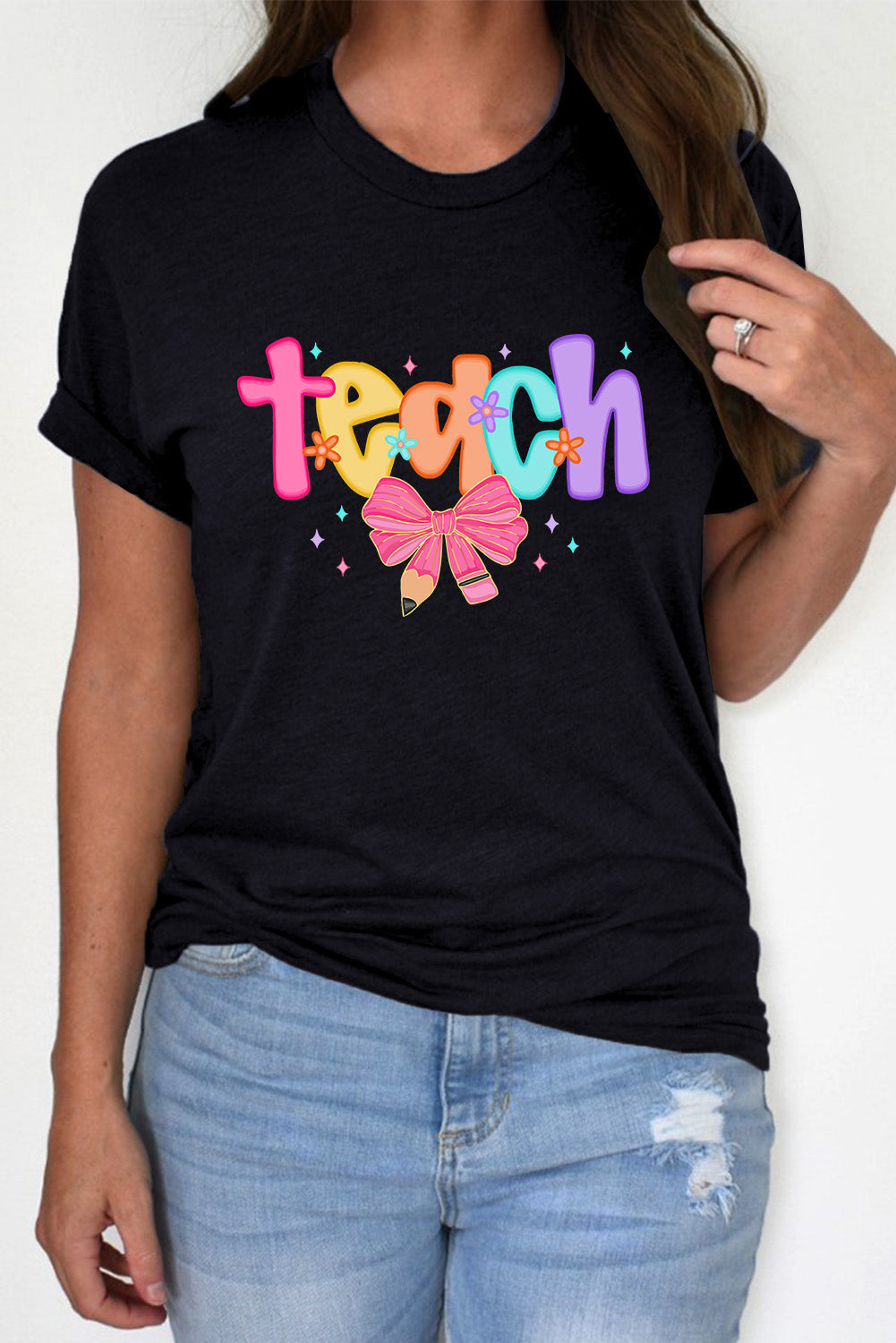 Black Teach Bow Heat Transfer Printing Graphic Holiday Tee