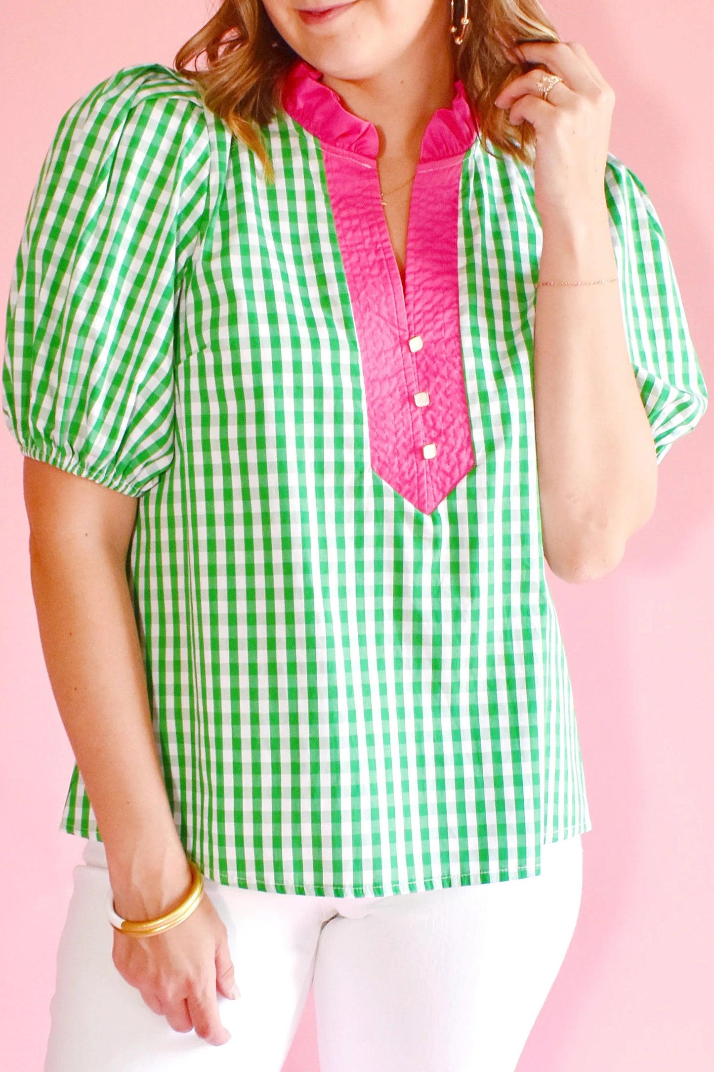 Green Gingham Plaid Bubble Sleeve Colorblock Trim V Neck Blouse