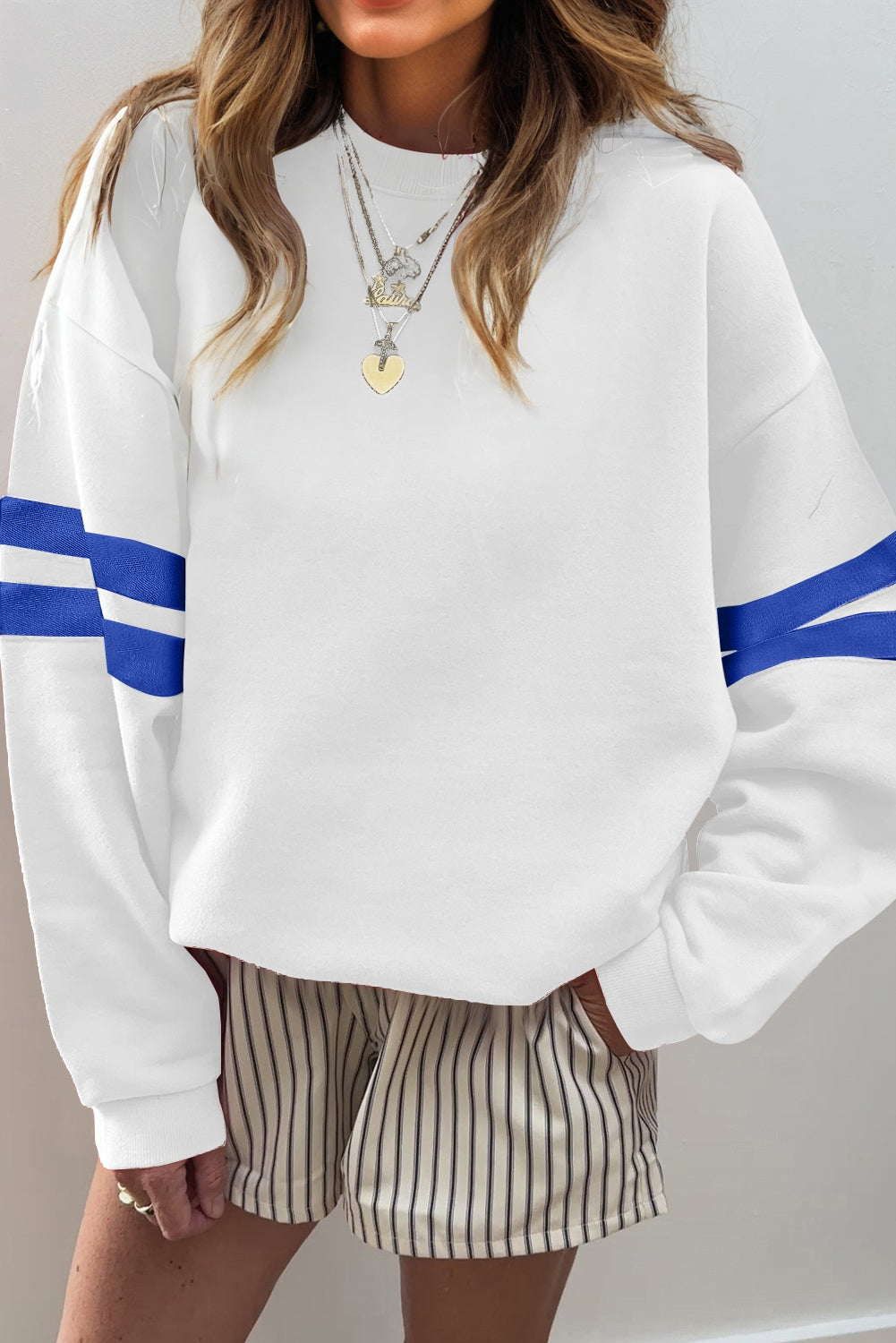 Navy Blue Preppy Striped Sleeve Loose Sweatshirt