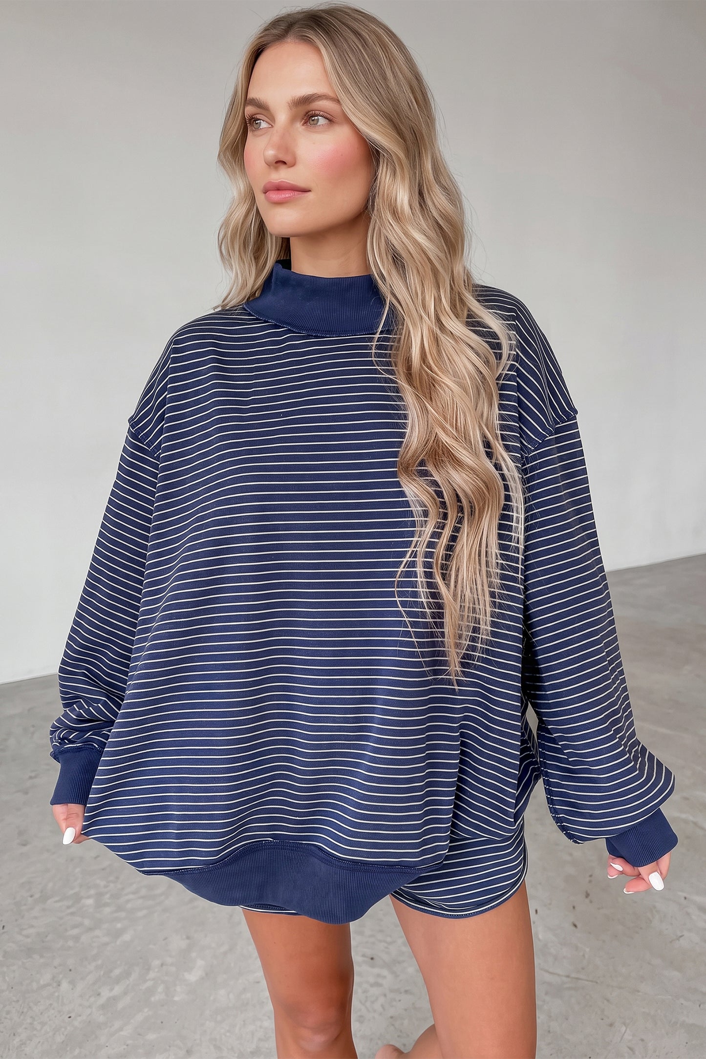 Blue Stripe Ribbed Patchwork Mock Neck Baggy Pullover Matching Shorts Set