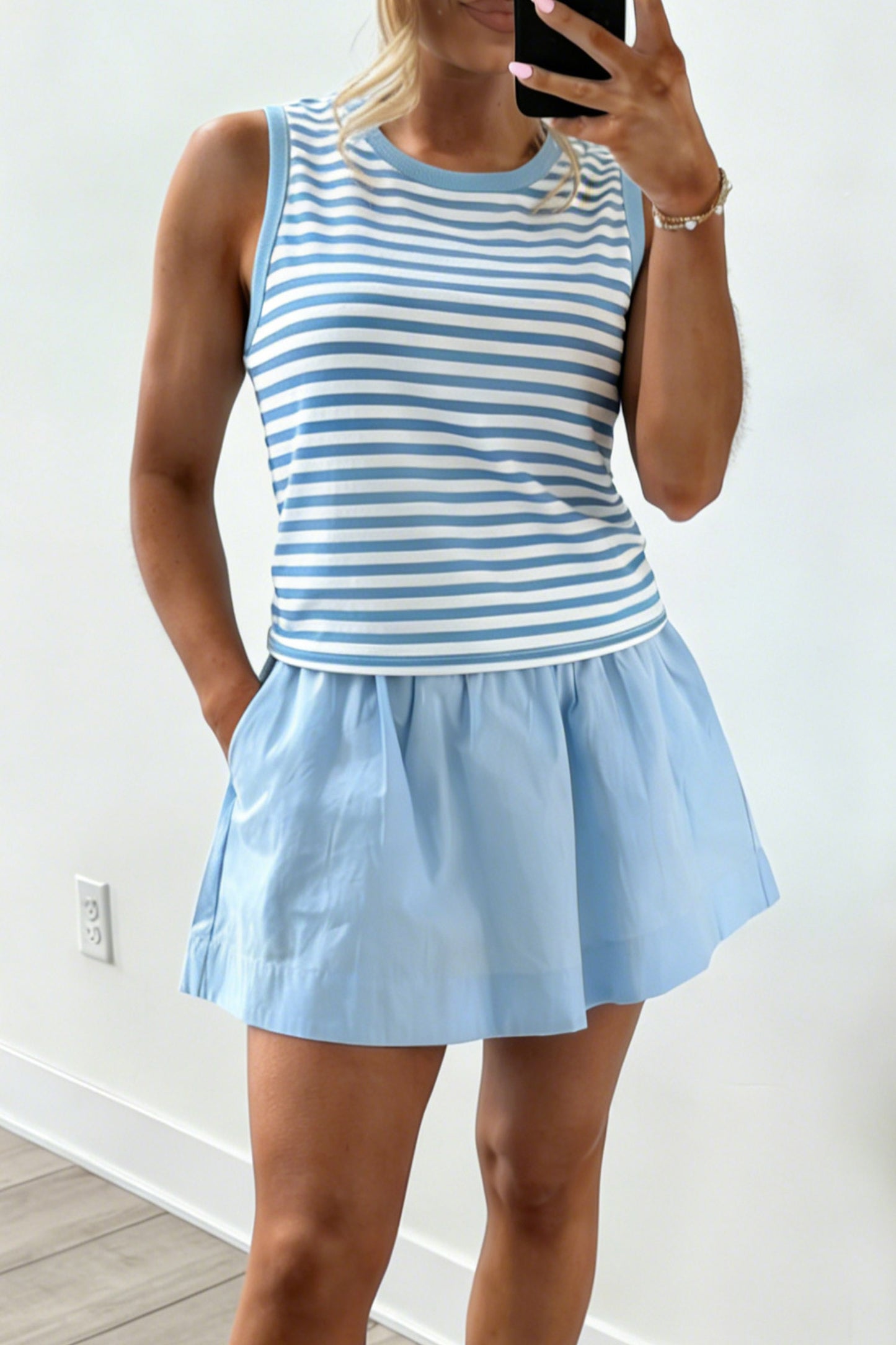 Sky Blue Stripe Slim Tank Contrast Ruffle Mini Skirt Set