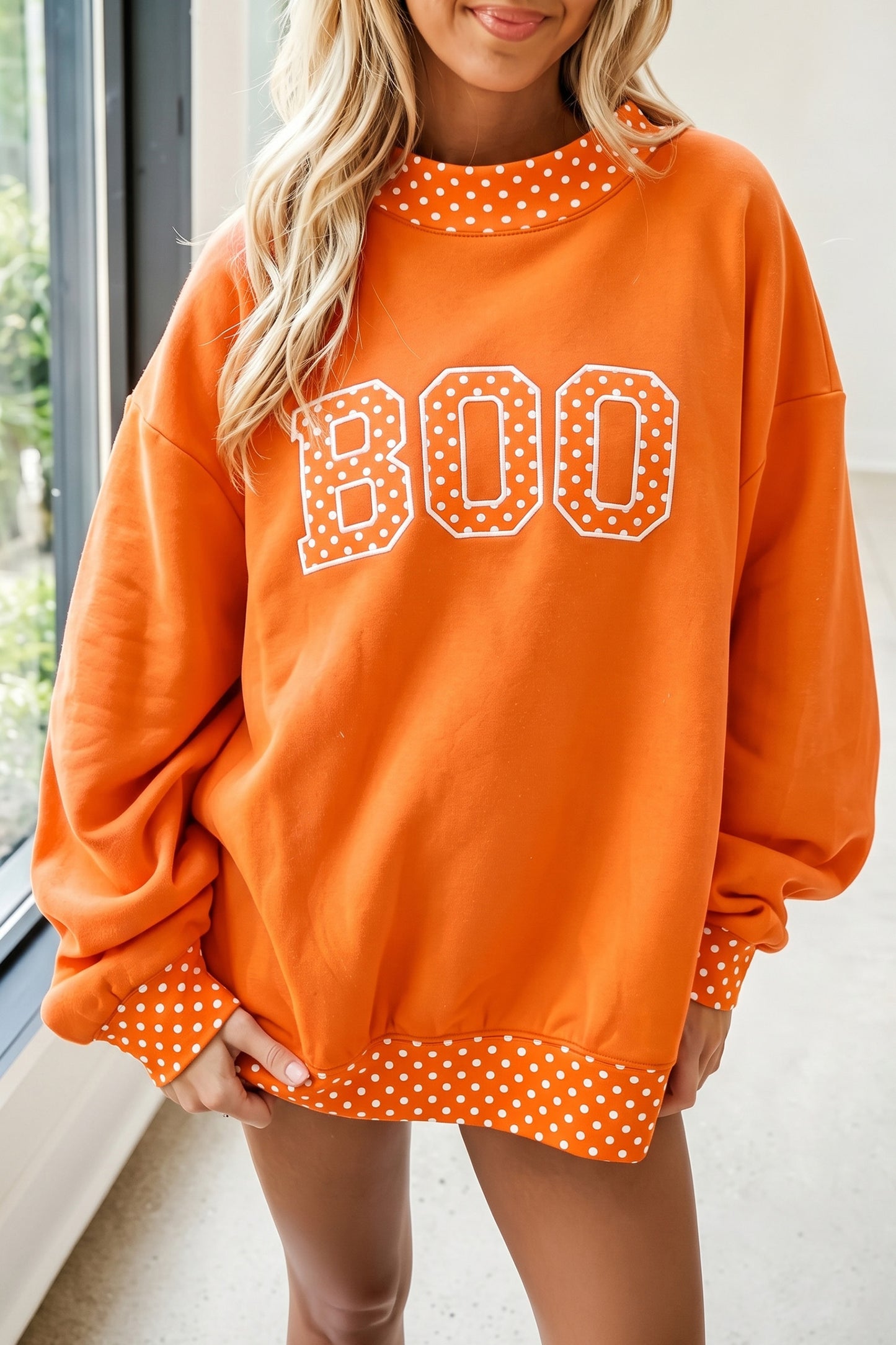 Grapefruit Orange Plaid/Polka Dot Contrast Trim Letter Print Mock Neck Sweatshirt