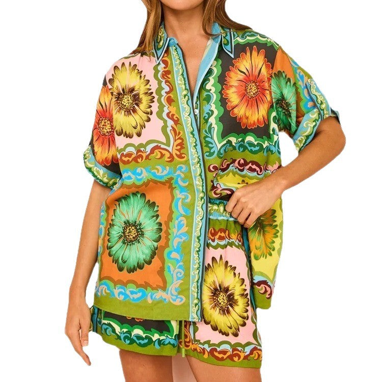 Sunflower Print Elastic Waist Shorts Set