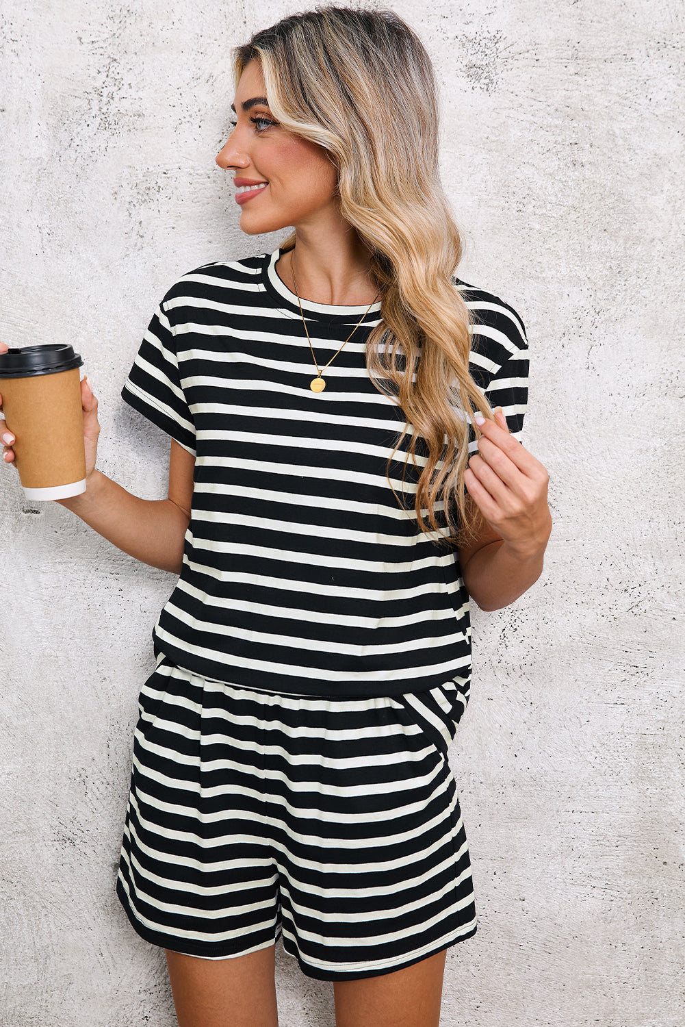 Black White Striped Short Sleeve Tee and Shorts Set