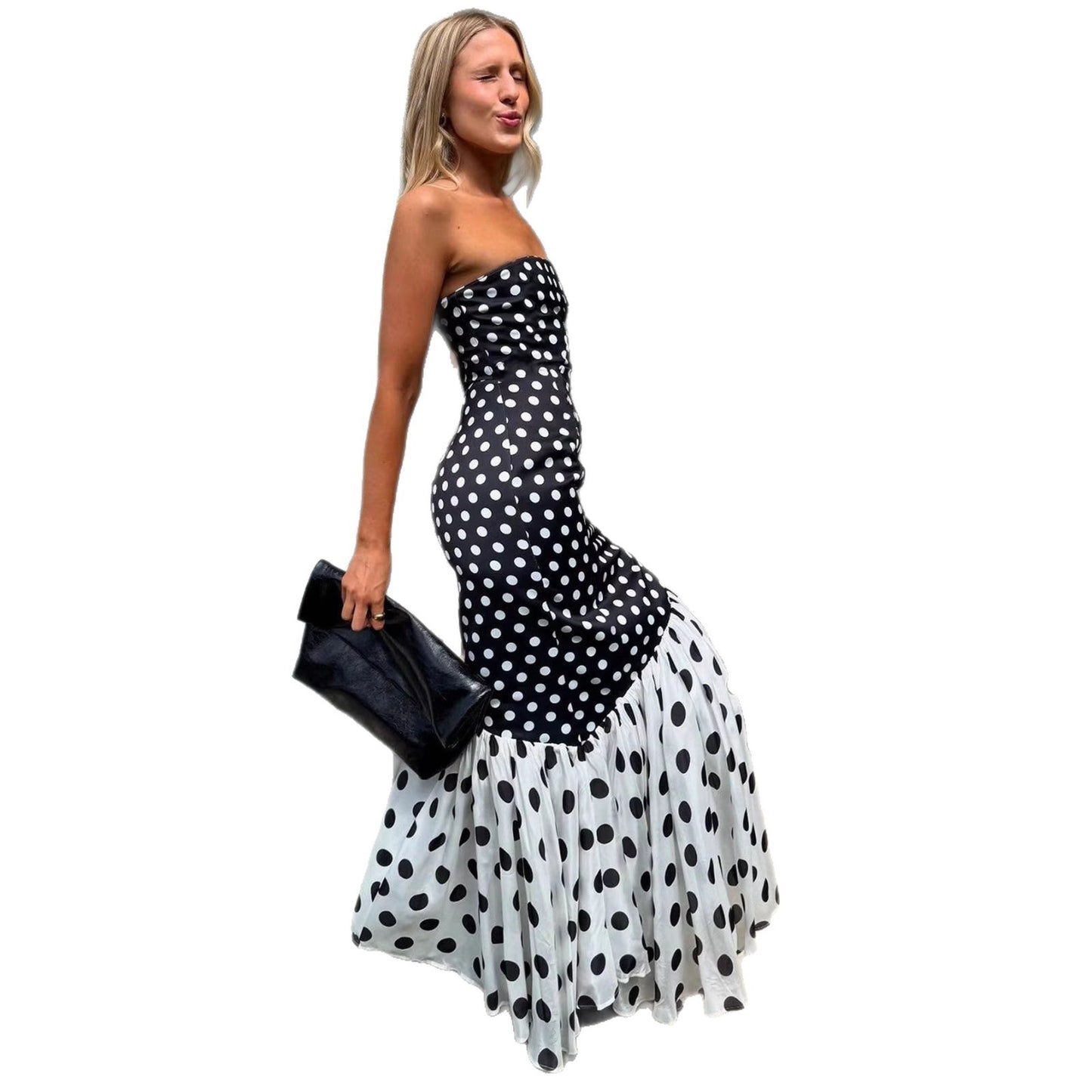 Strapless polka dot strapless dress with slit