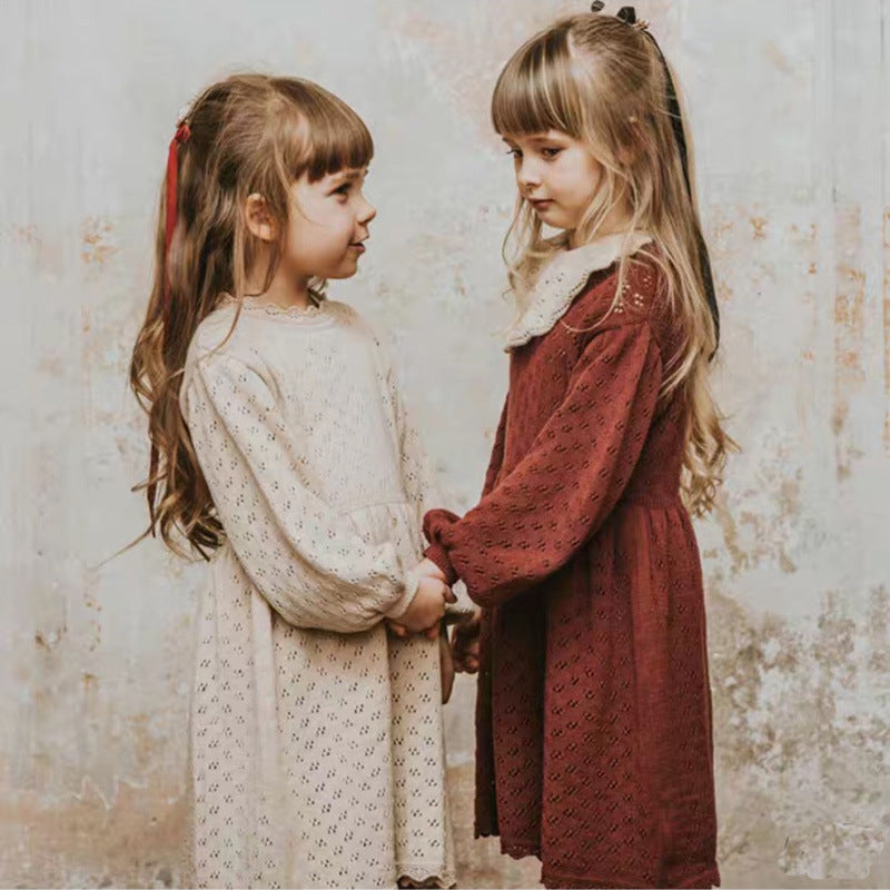 winter girls' long-sleeved knitted lace dress