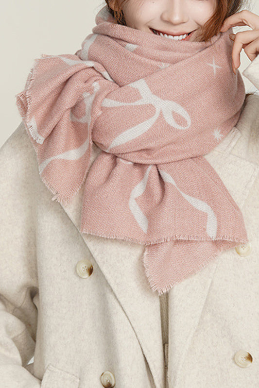 Pink Bow Star Print Raw Edge Lightweight Scarf