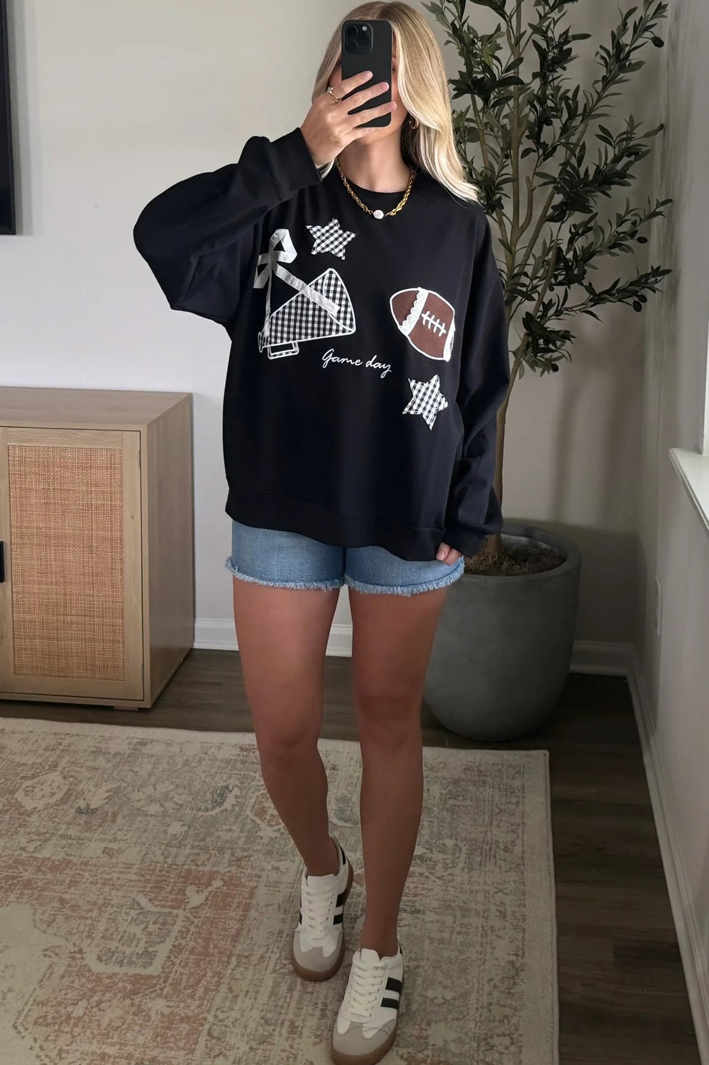 Black Gingham Patch Embroidered Rugby Game Day Stars Sweatshirt