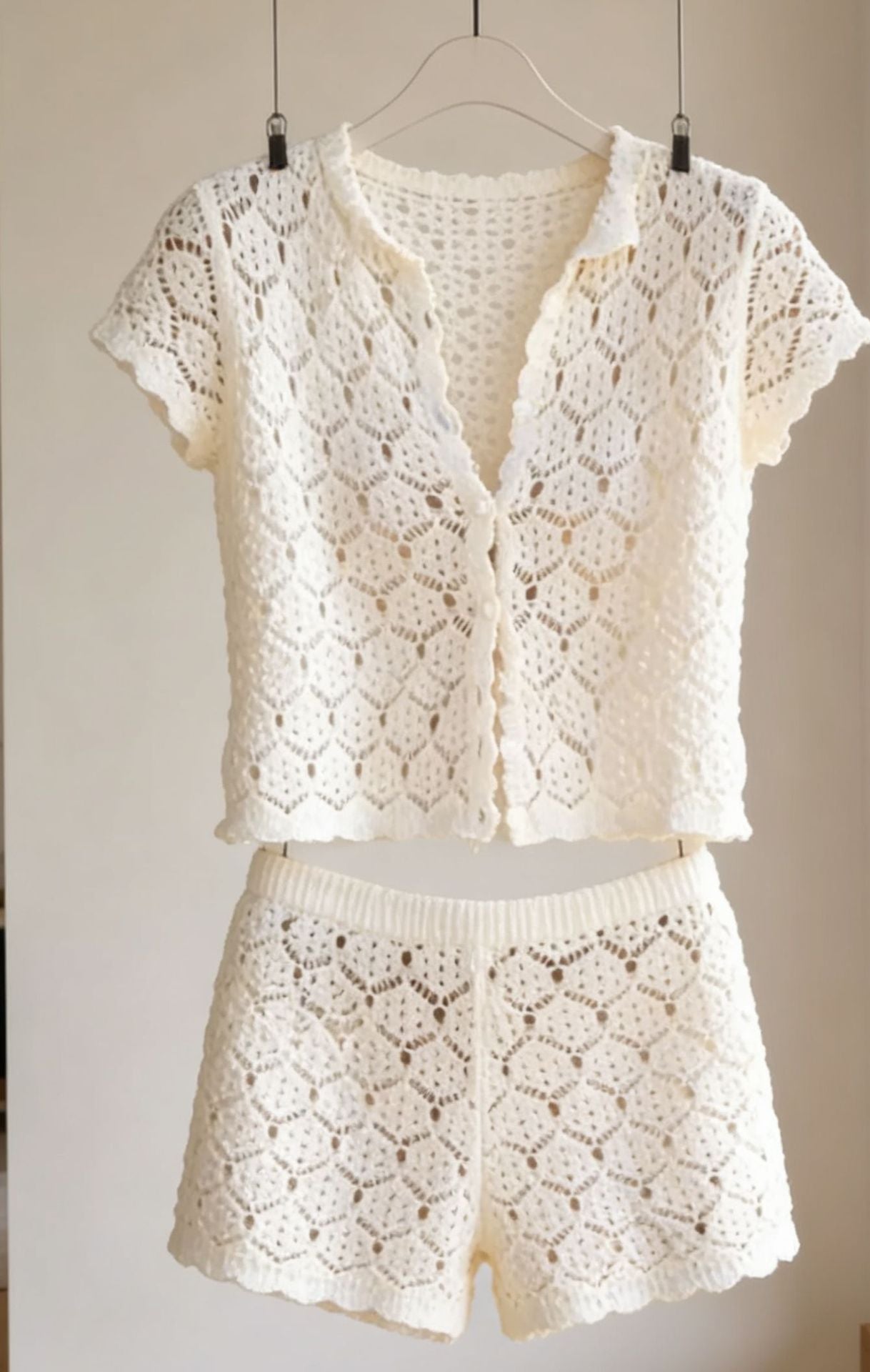 two-piece knitted top and shorts cover up
