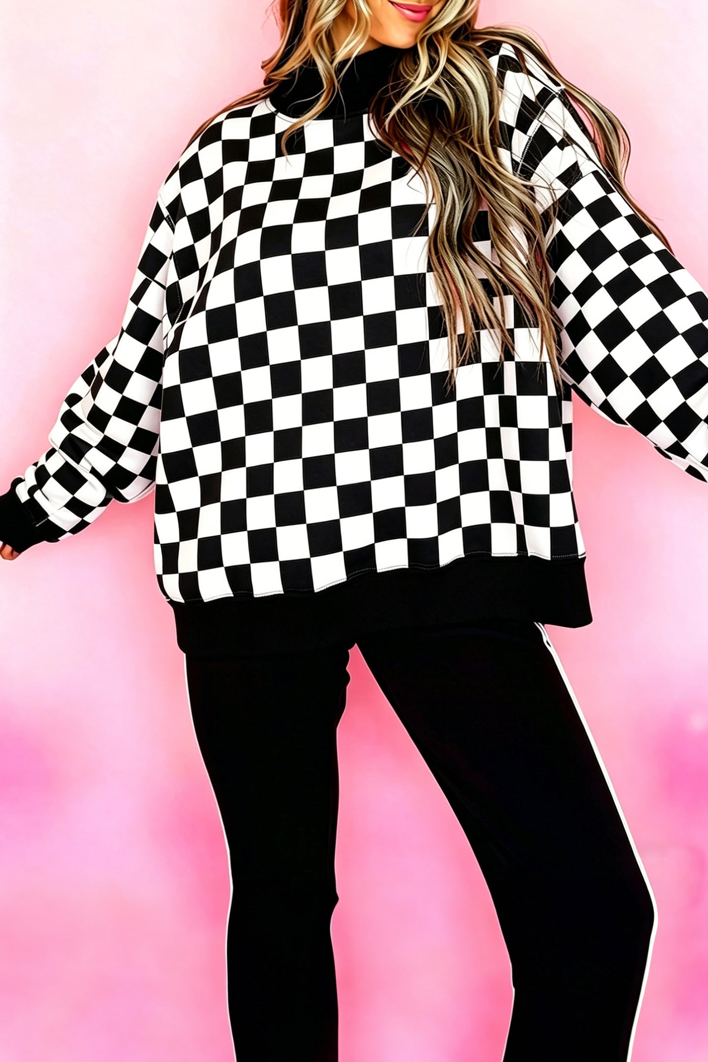 Reversable Checkered Print High Neck Baggy Sweatshirt