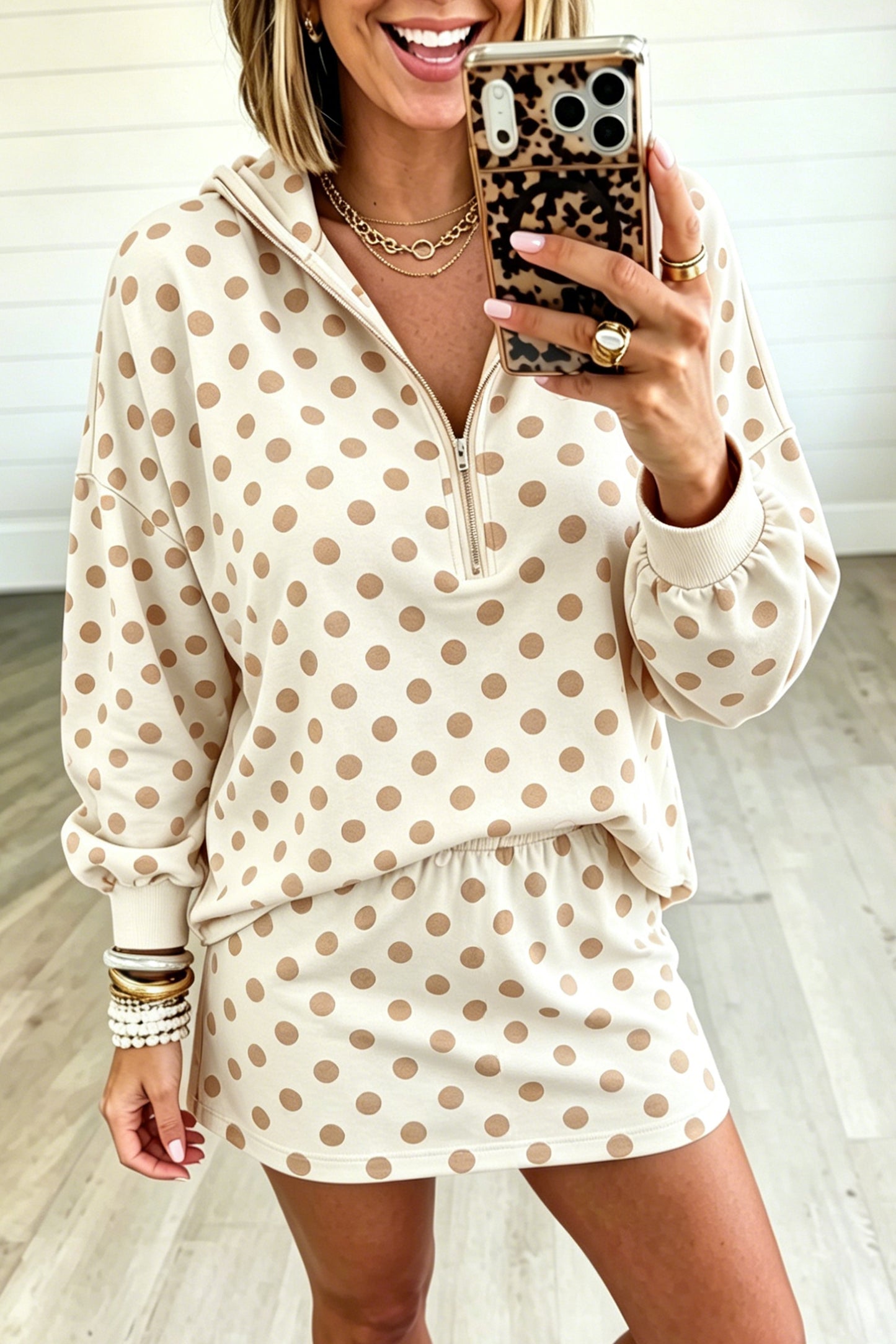 Orange Polka Dot Hooded Long Sleeve Top Casual Mini Skort Set