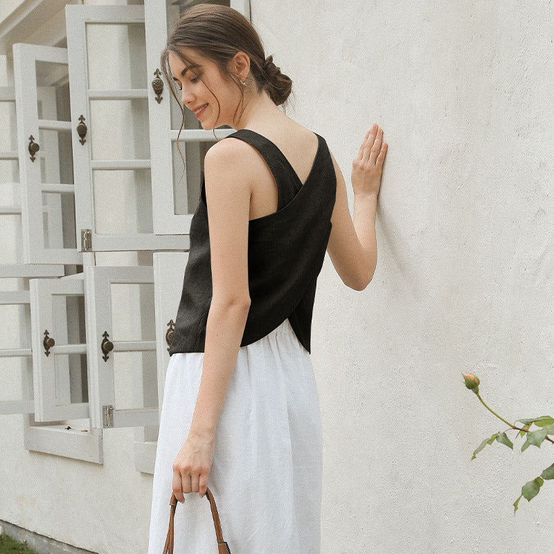 linen tank with crisscross back detail